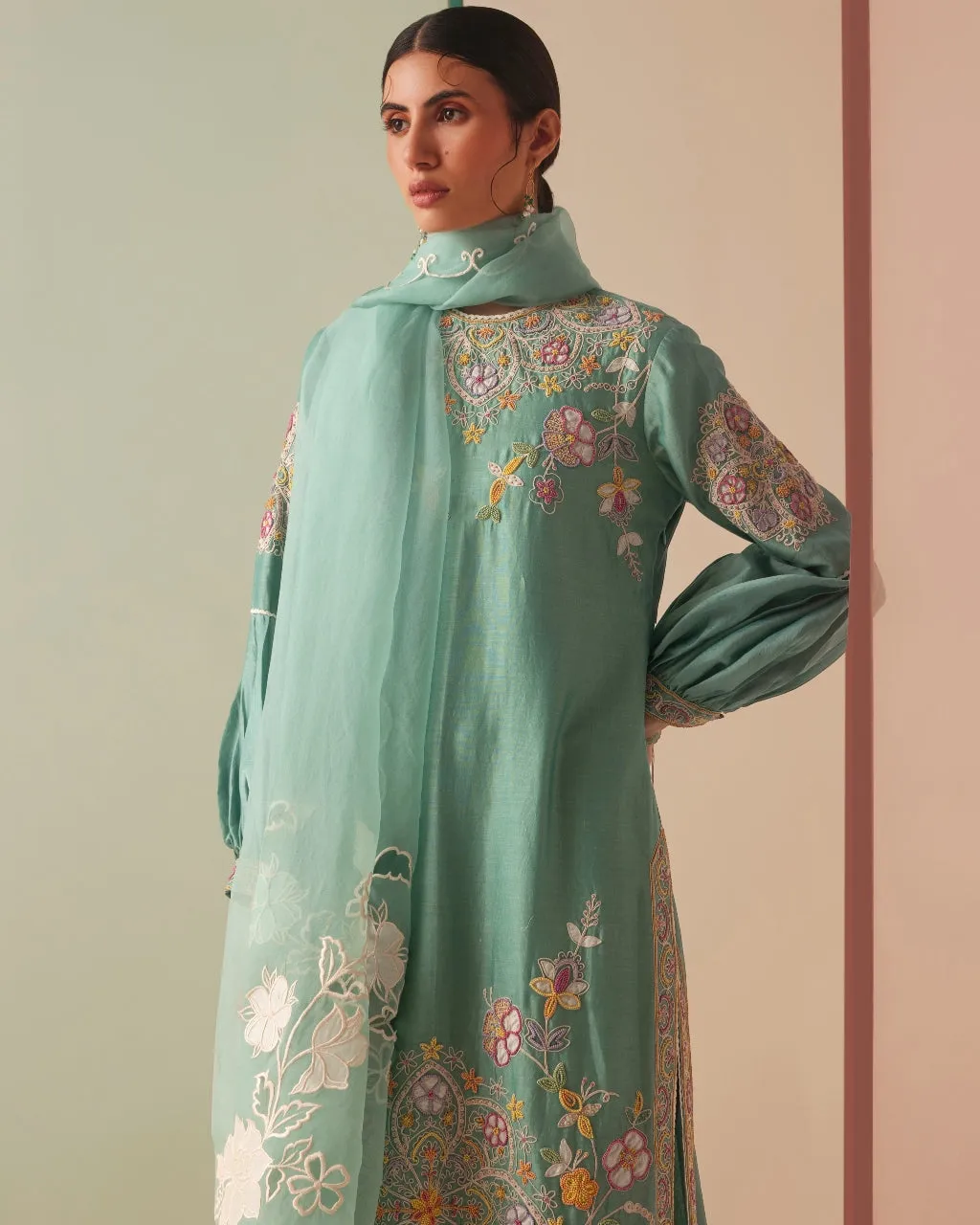 Aqua Cutwork And Applique Organza Kurta Set