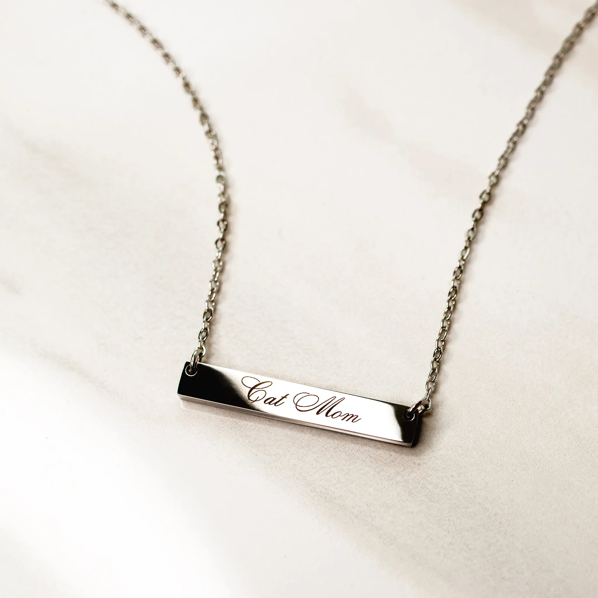 Cat Mom Horizontal Engraved Bar Necklace