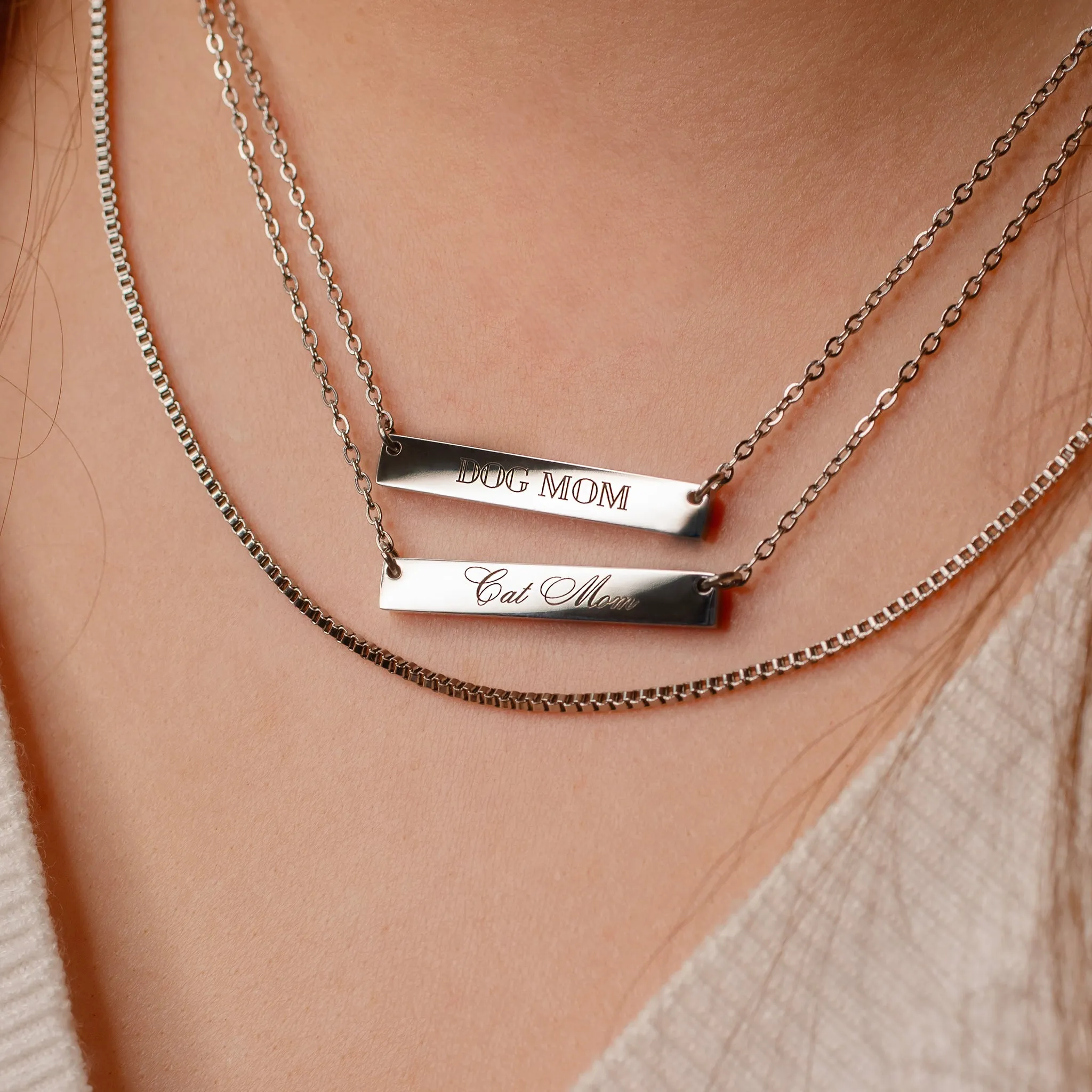 Cat Mom Horizontal Engraved Bar Necklace