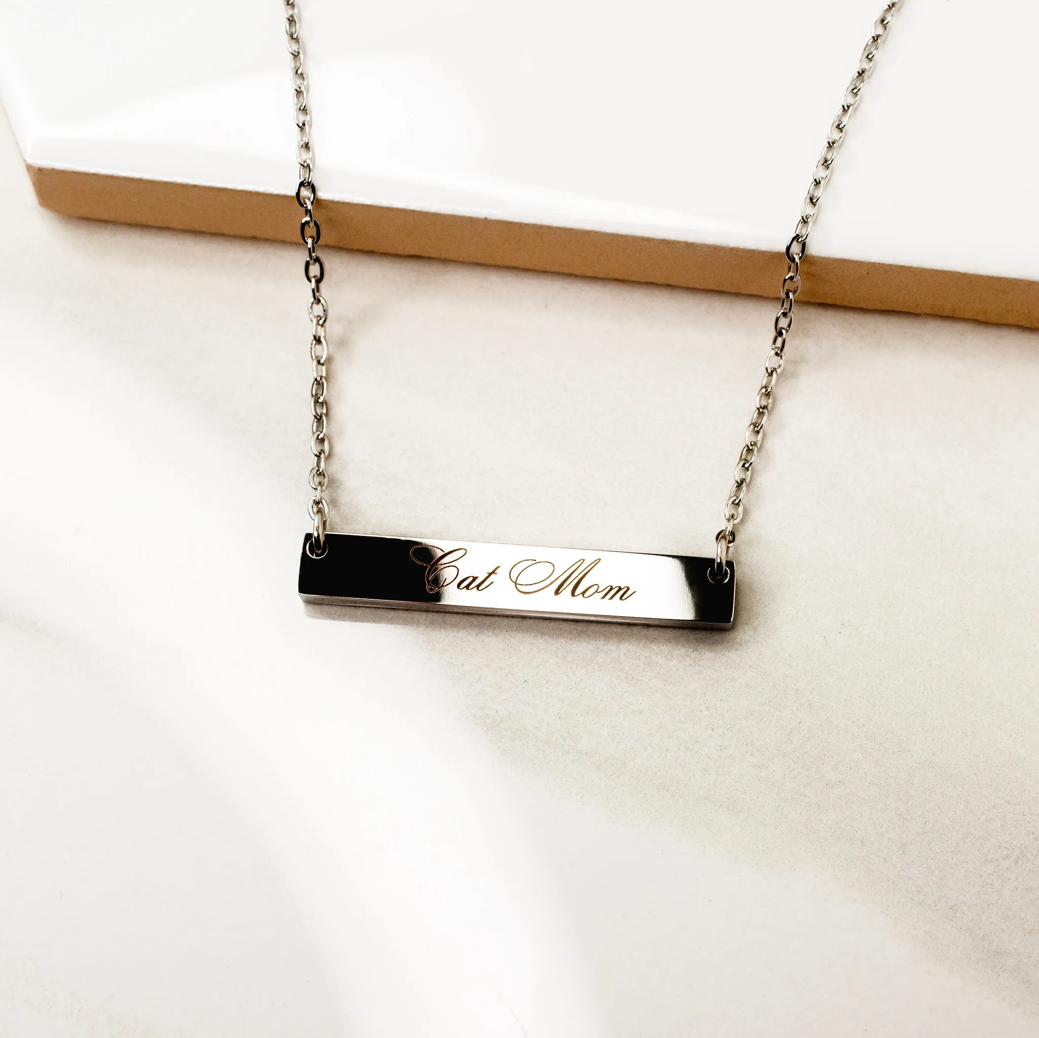 Cat Mom Horizontal Engraved Bar Necklace