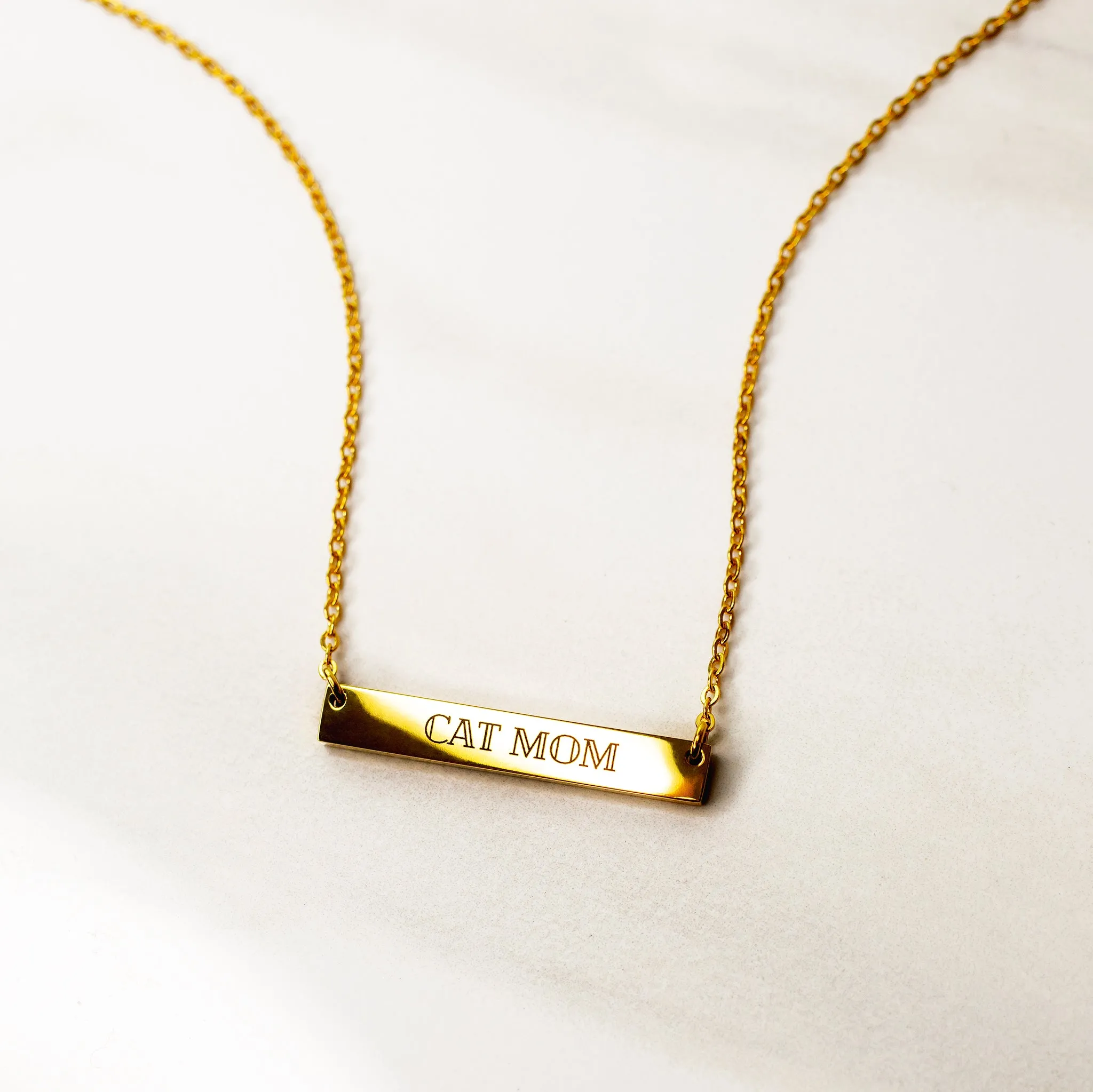 Cat Mom Horizontal Engraved Bar Necklace
