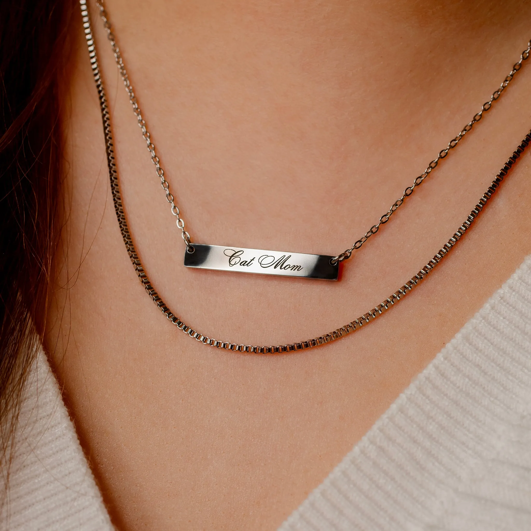 Cat Mom Horizontal Engraved Bar Necklace