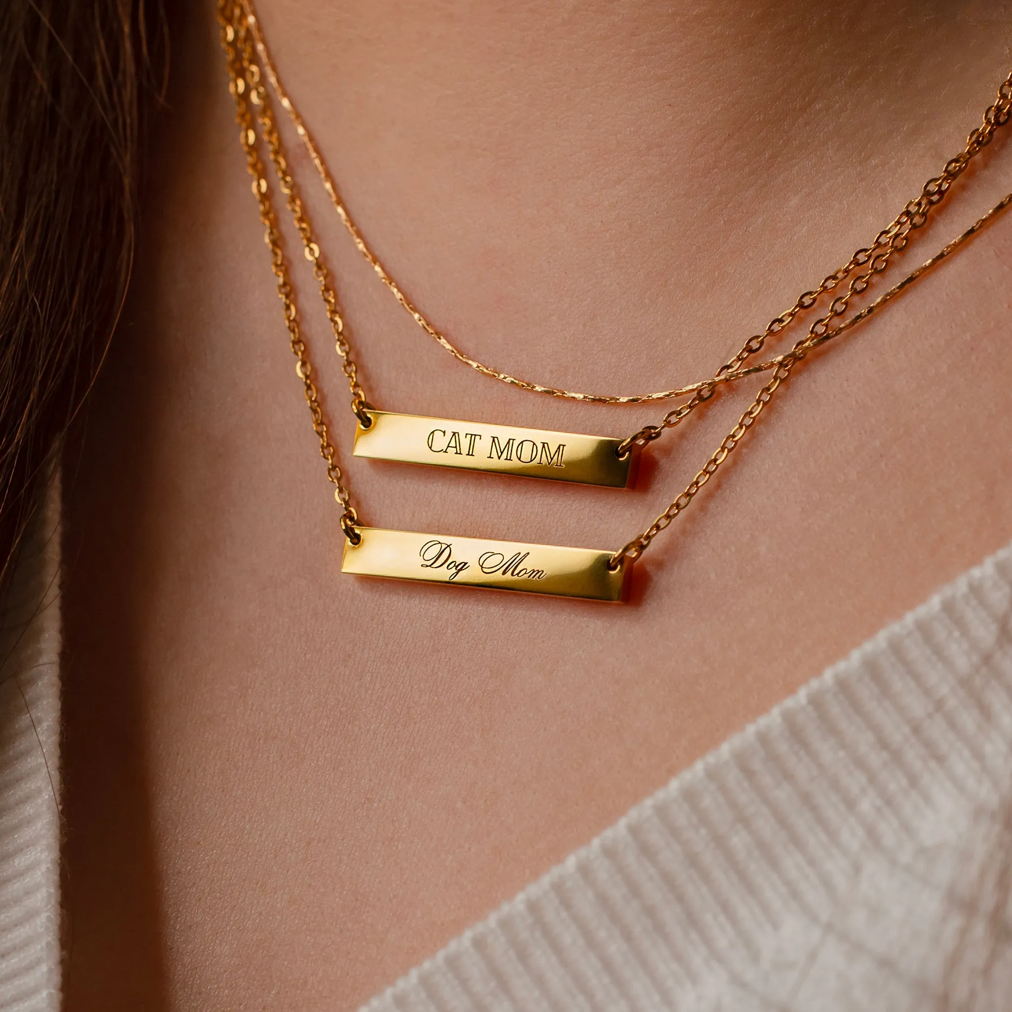 Cat Mom Horizontal Engraved Bar Necklace