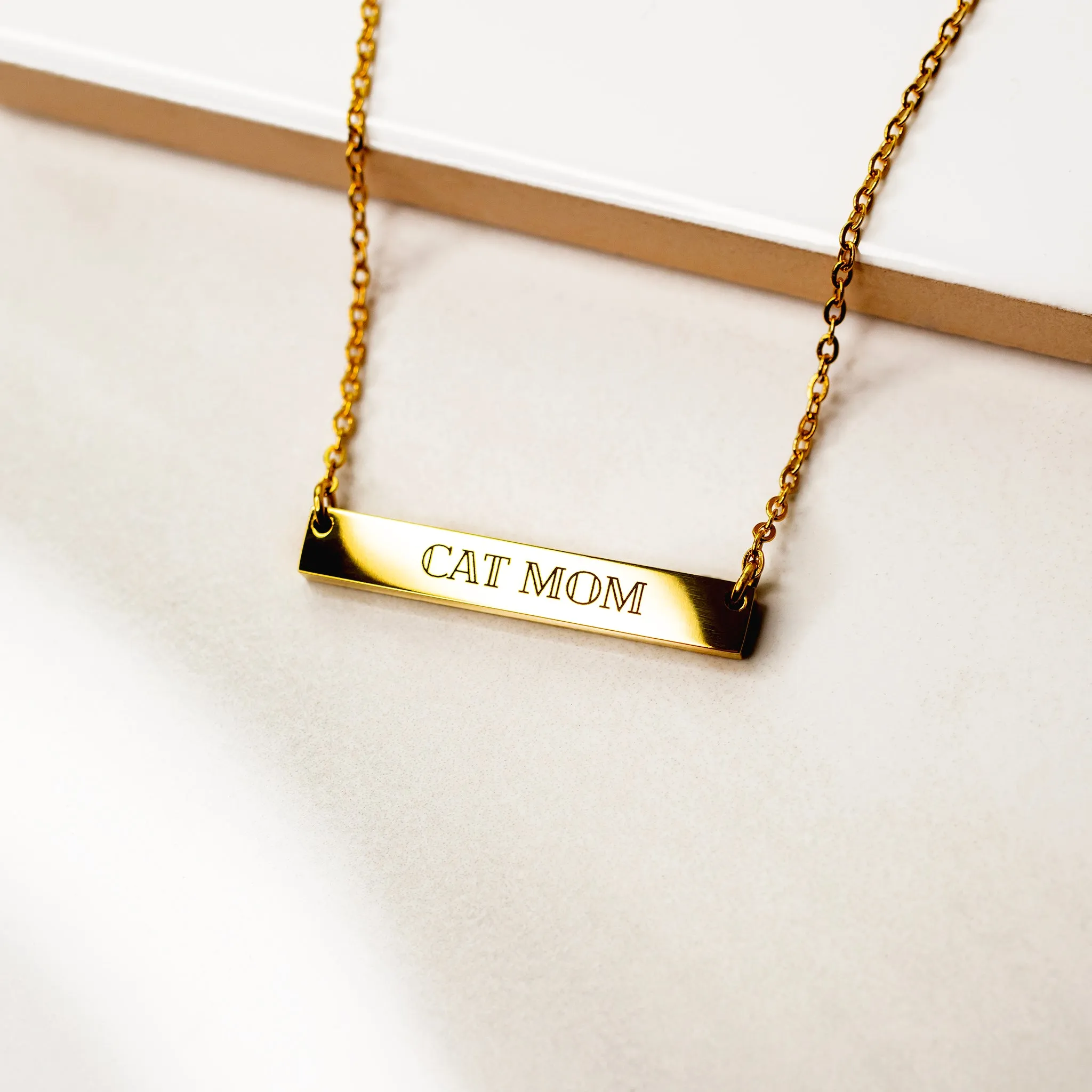Cat Mom Horizontal Engraved Bar Necklace