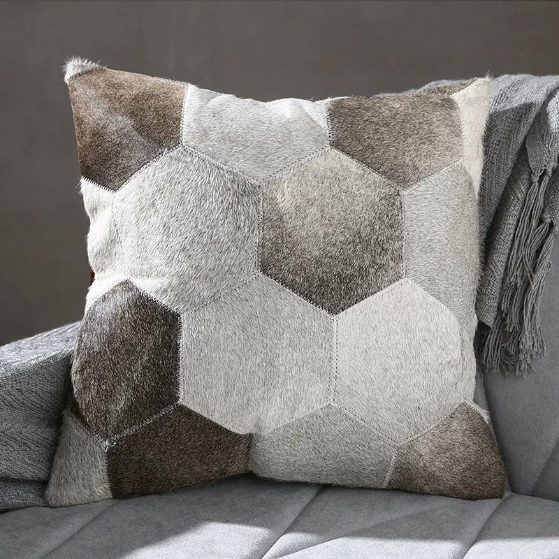 Geometric Grey Patchwork Hide Throw Cushion