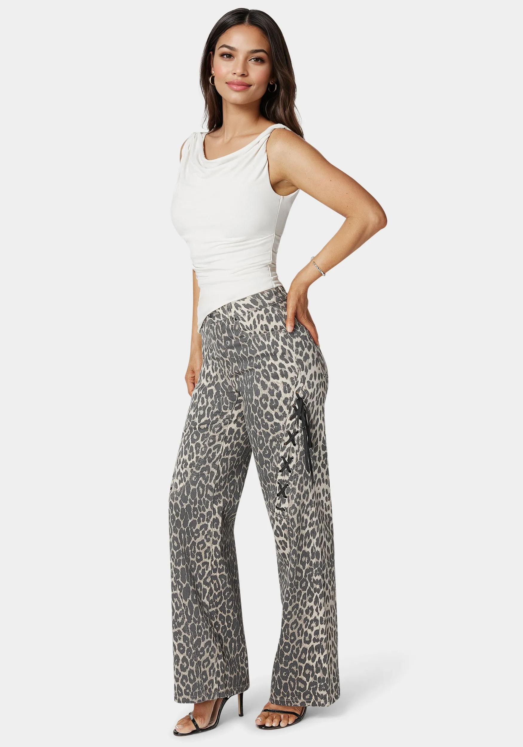High Waist Cheetah Print Wide Leg Jeans