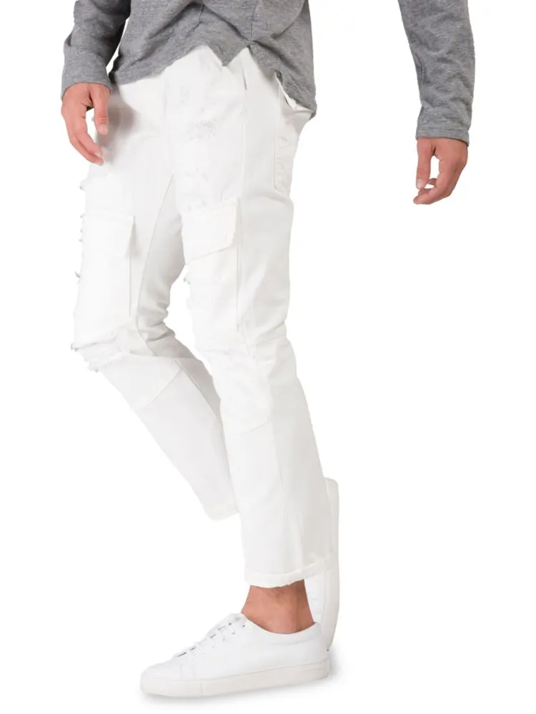 Level 7 Jeans Skinny Straight Ripped Cargo Jeans in Snowman White