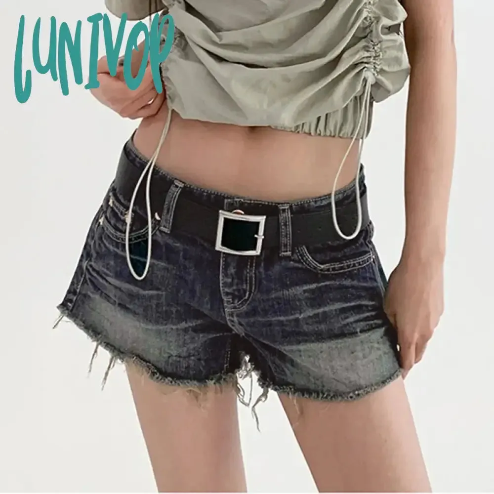 Lunivop Blue Vintage Tassel Denim Shorts Women American Low Waist Straight With Belt Mini Shorts Summer Y2K Fashion Streetwear