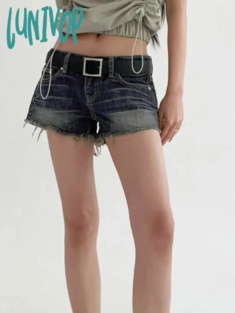 Lunivop Blue Vintage Tassel Denim Shorts Women American Low Waist Straight With Belt Mini Shorts Summer Y2K Fashion Streetwear
