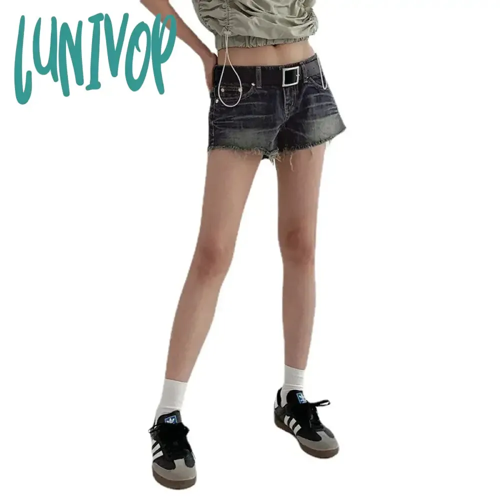 Lunivop Blue Vintage Tassel Denim Shorts Women American Low Waist Straight With Belt Mini Shorts Summer Y2K Fashion Streetwear