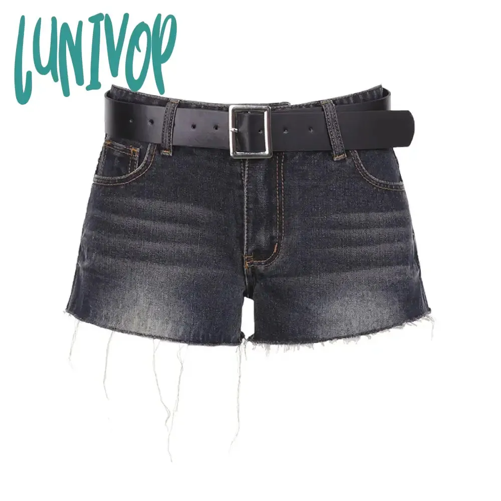 Lunivop Blue Vintage Tassel Denim Shorts Women American Low Waist Straight With Belt Mini Shorts Summer Y2K Fashion Streetwear