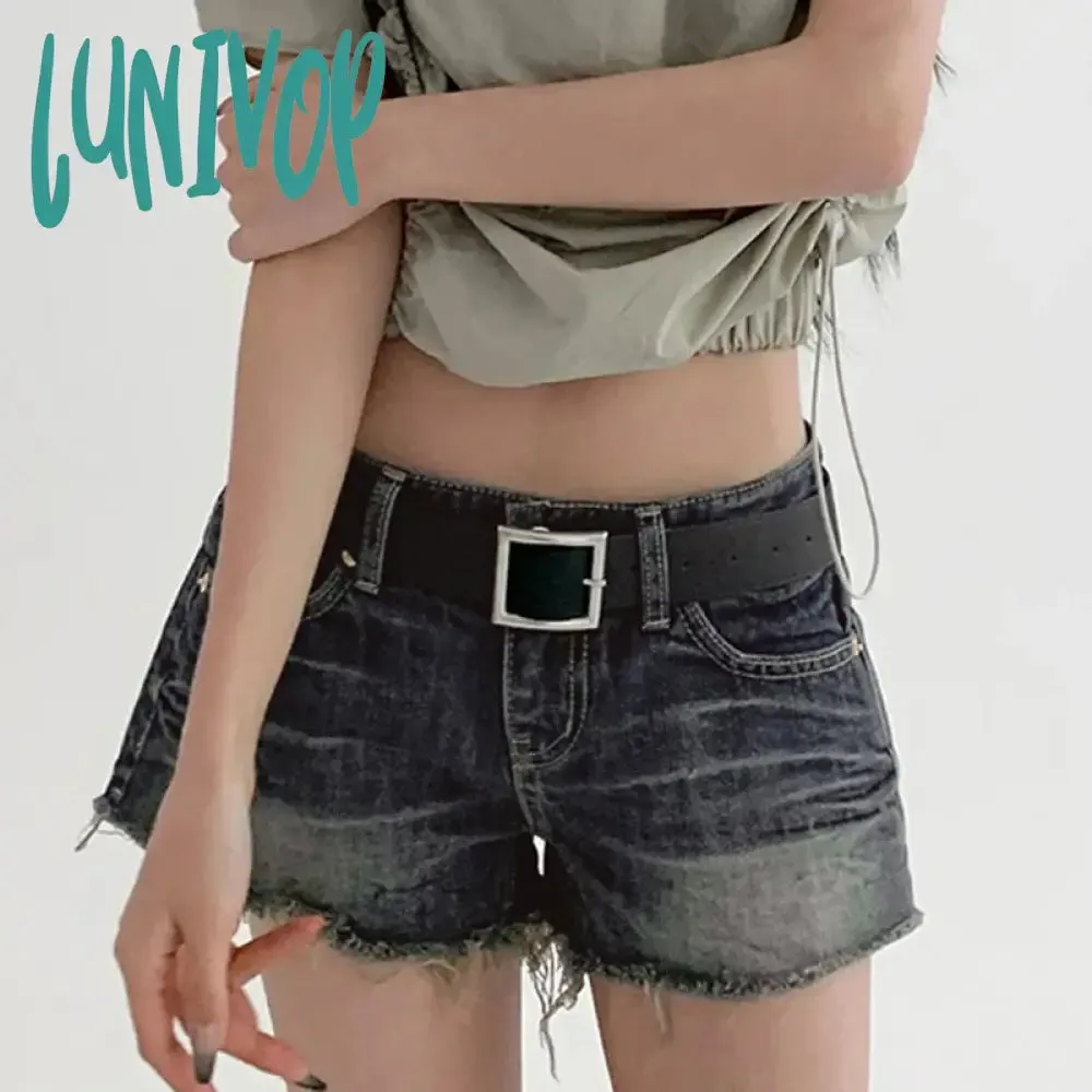 Lunivop Blue Vintage Tassel Denim Shorts Women American Low Waist Straight With Belt Mini Shorts Summer Y2K Fashion Streetwear