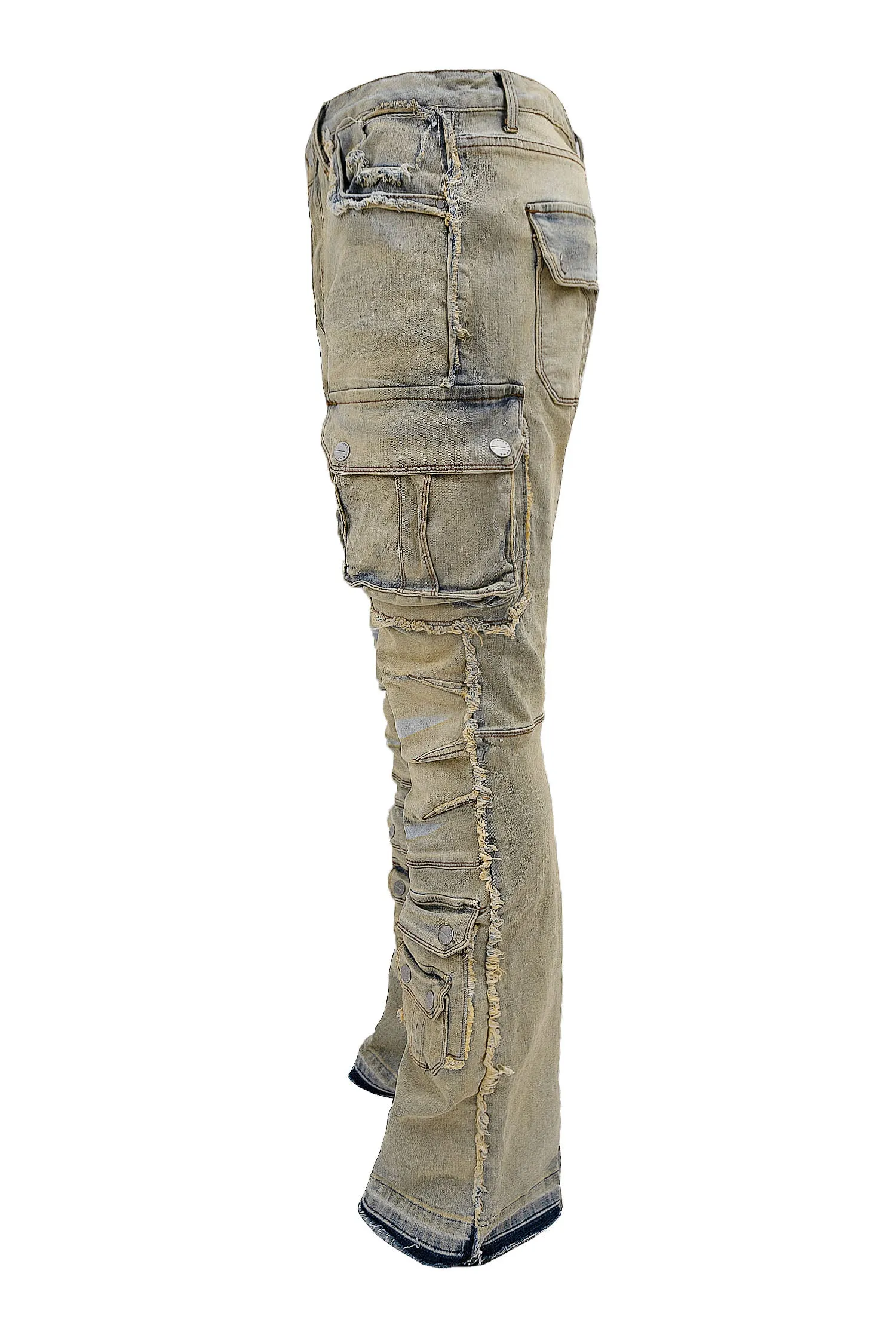 Men's Stone Washed Distressed Cargo Stacked Flared Jeans