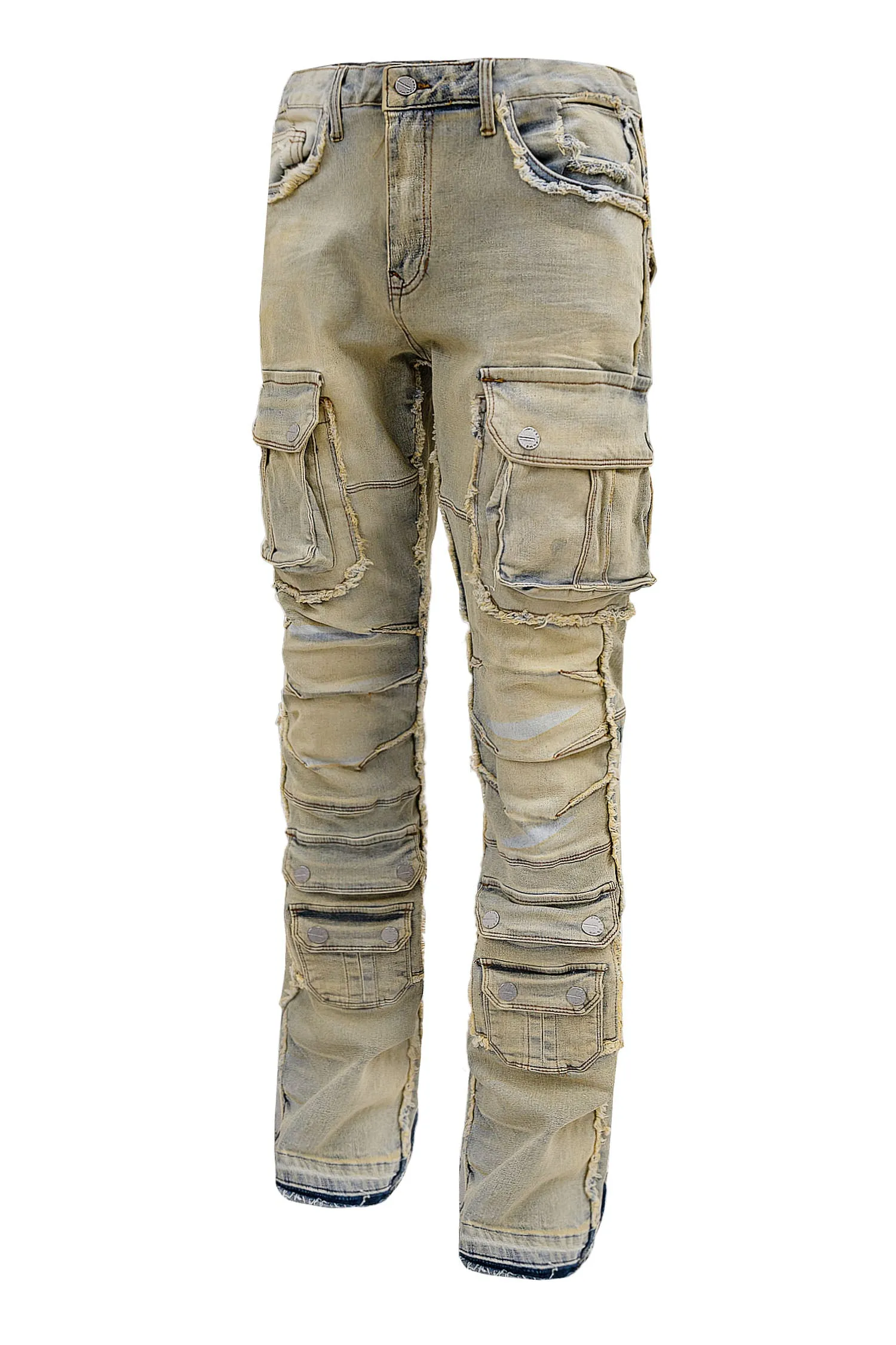 Men's Stone Washed Distressed Cargo Stacked Flared Jeans