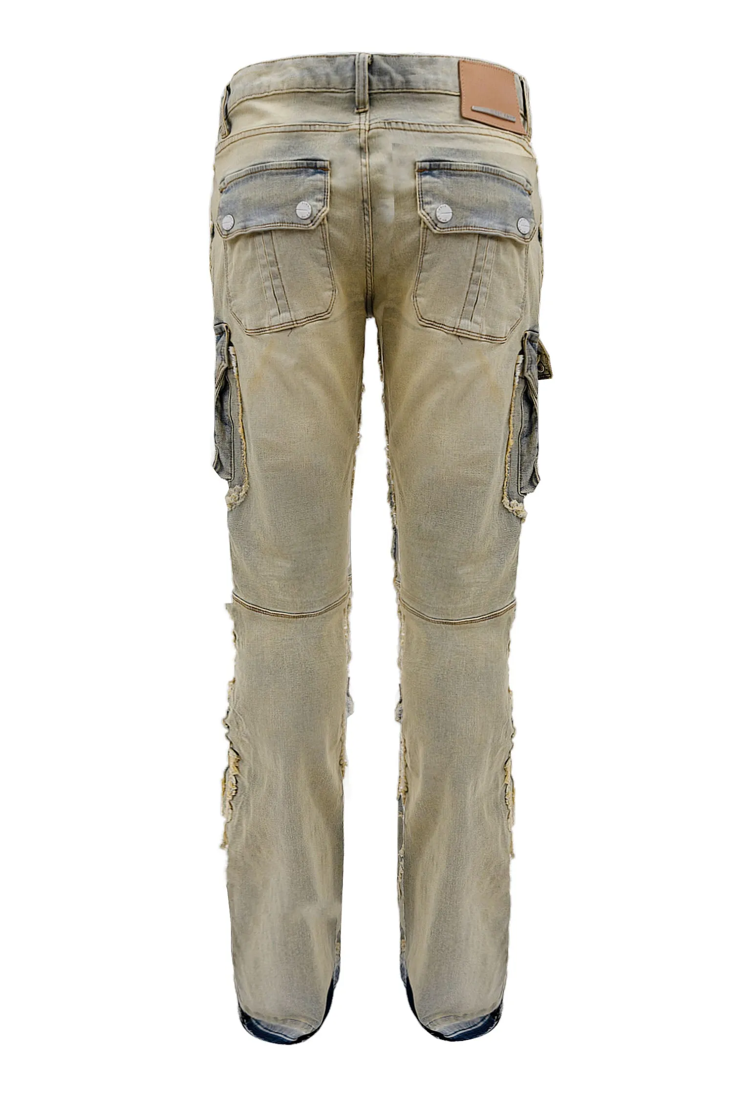 Men's Stone Washed Distressed Cargo Stacked Flared Jeans