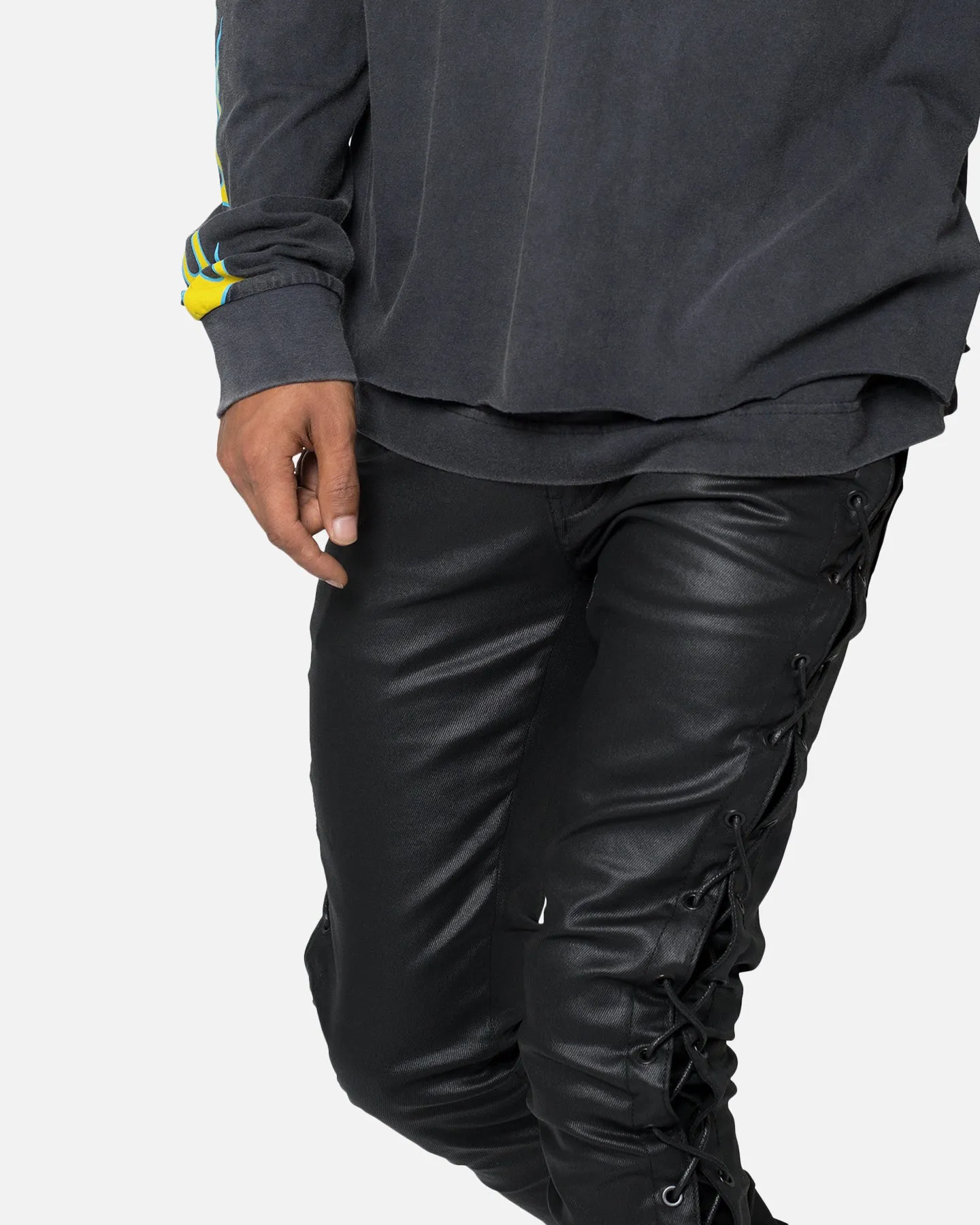 MNML X566 Skinny Leather Lace-Up Pants Black