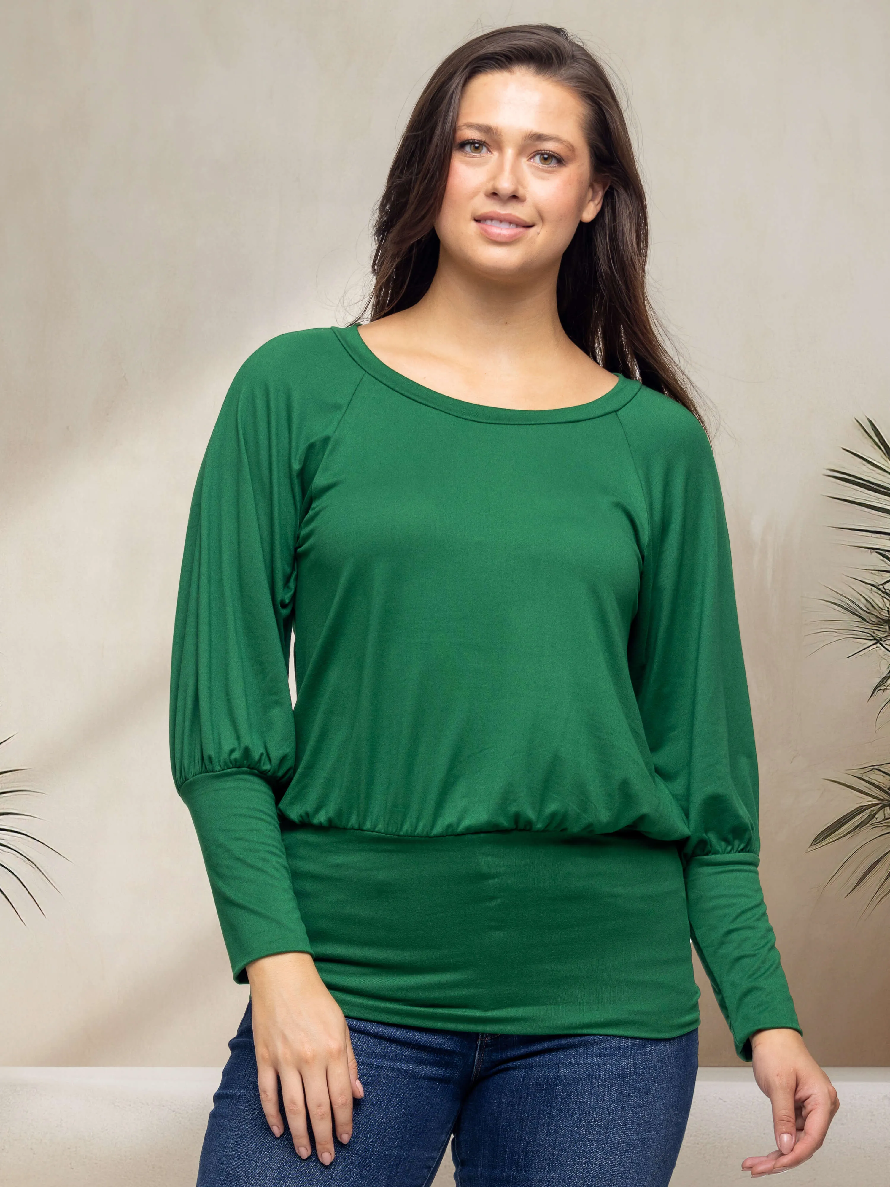 Round Neck Long Blouson Sleeve Banded Bottom Top