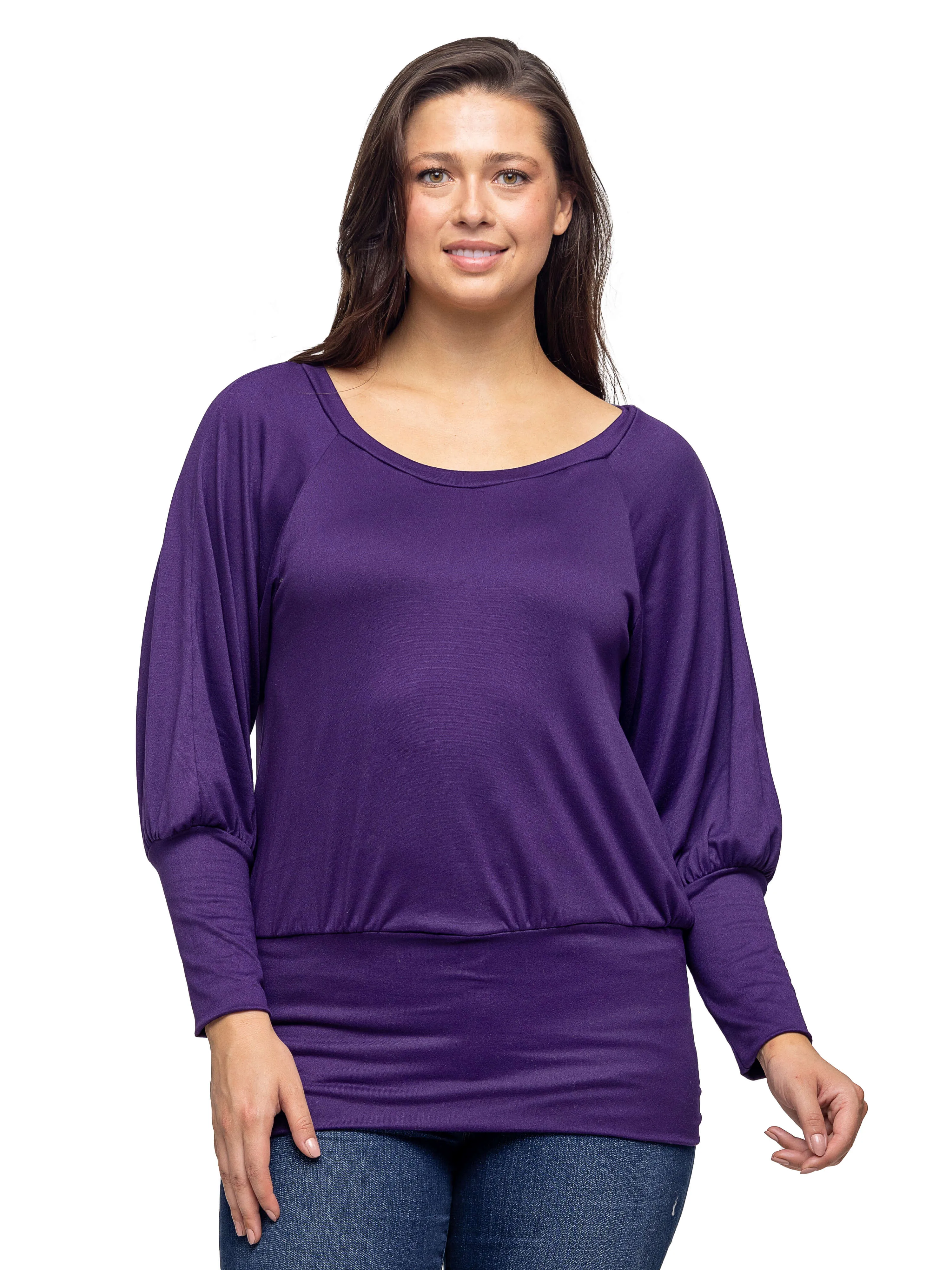 Round Neck Long Blouson Sleeve Banded Bottom Top