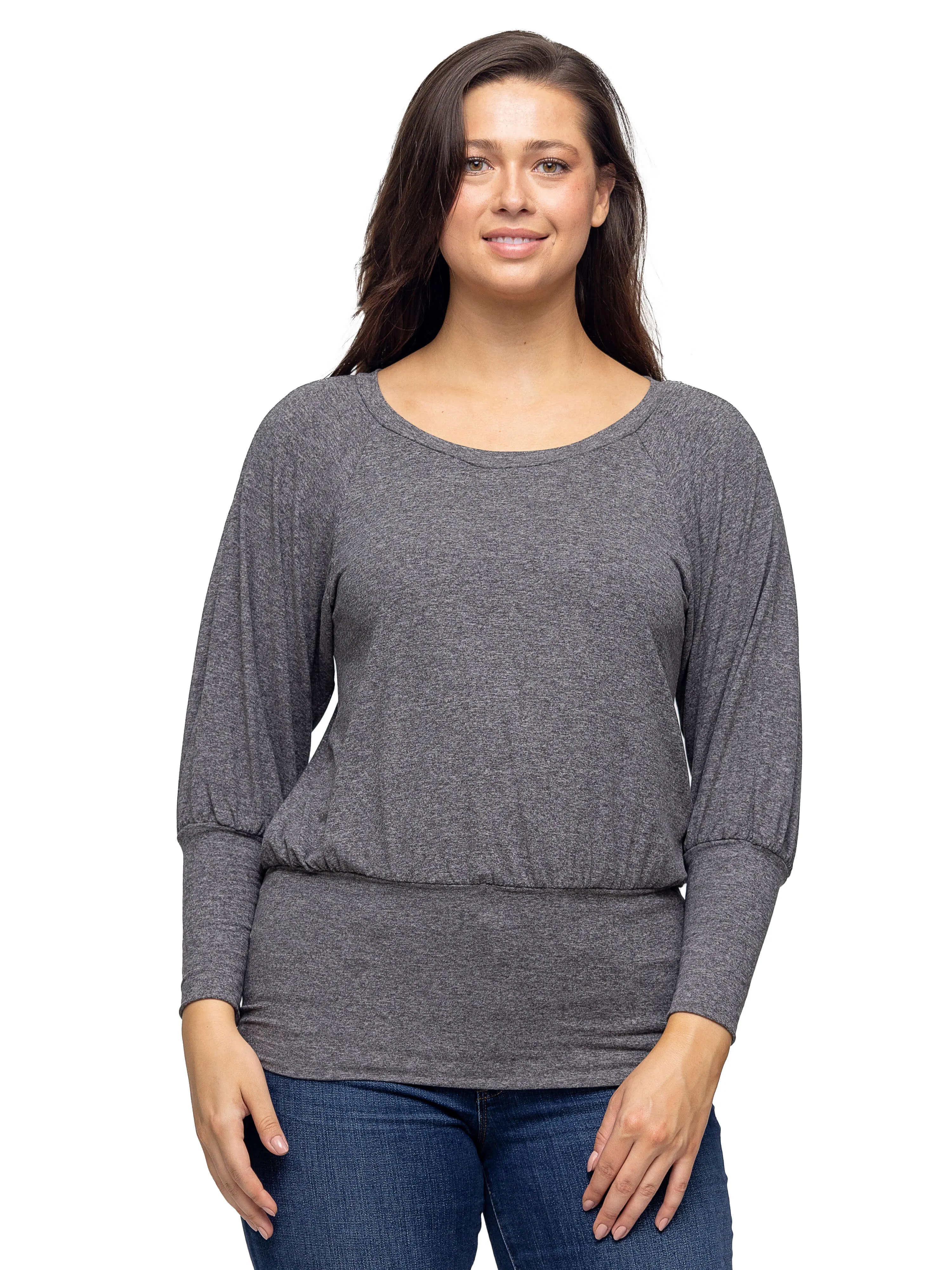 Round Neck Long Blouson Sleeve Banded Bottom Top