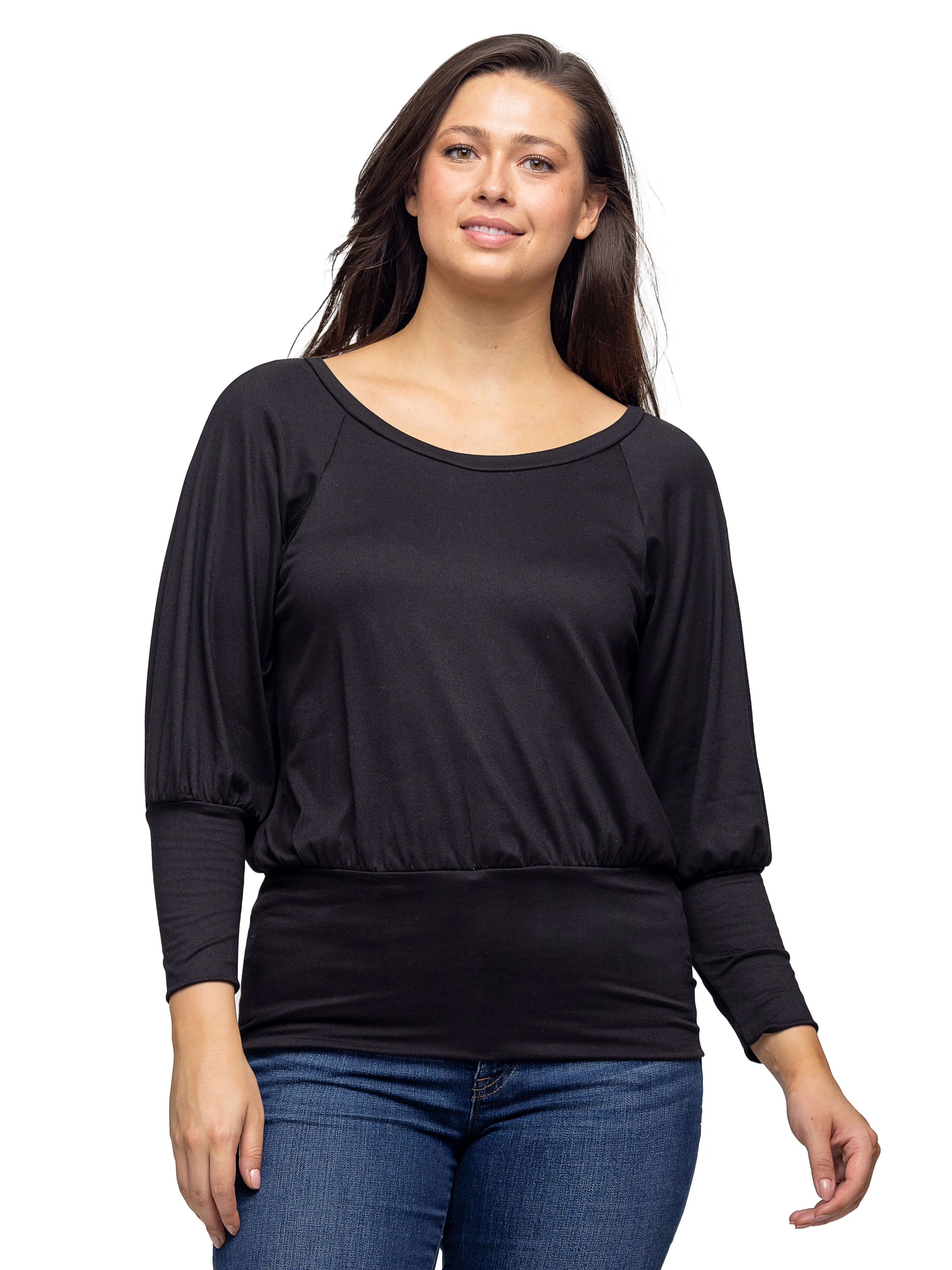 Round Neck Long Blouson Sleeve Banded Bottom Top
