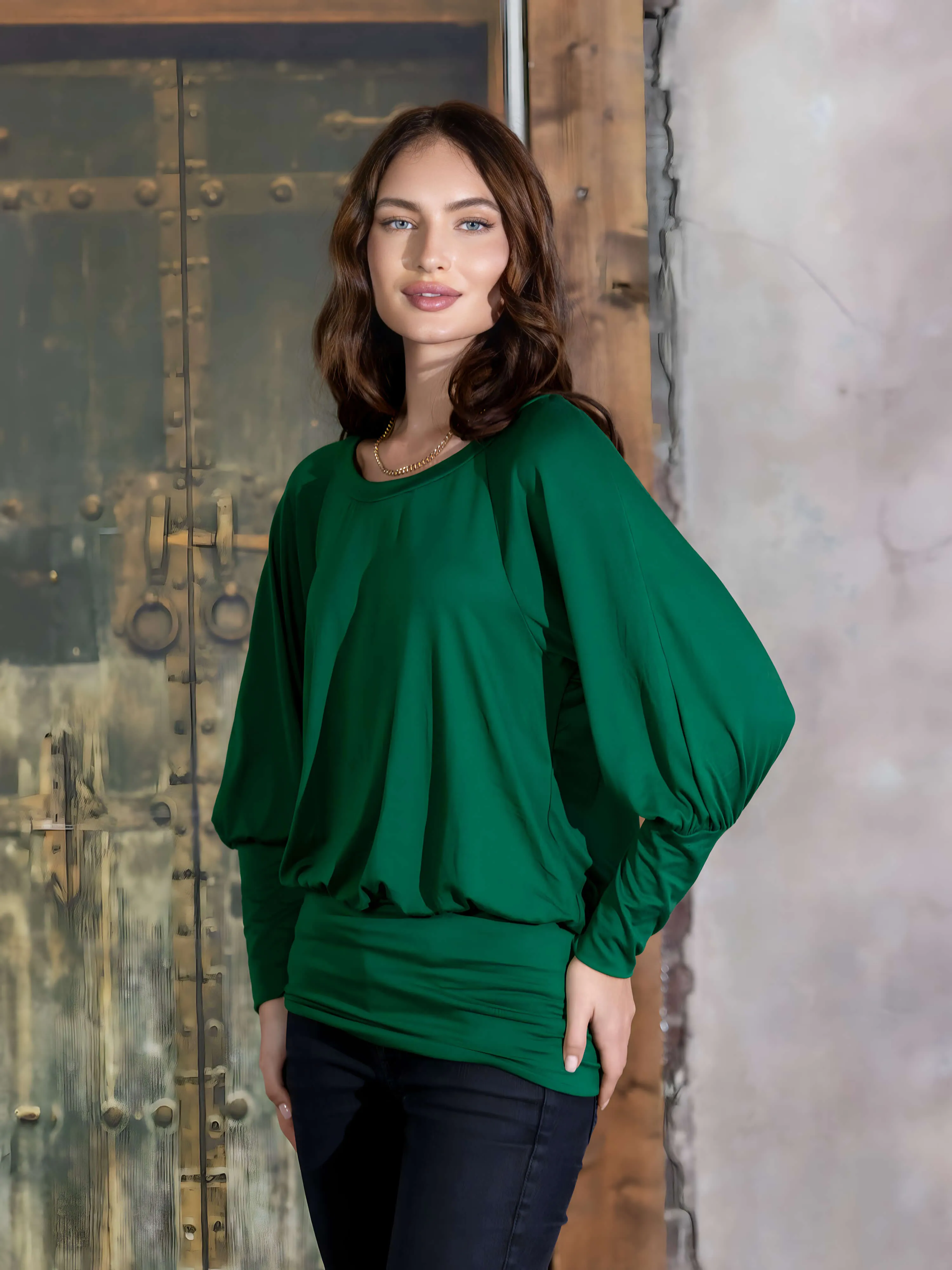 Round Neck Long Blouson Sleeve Banded Bottom Top