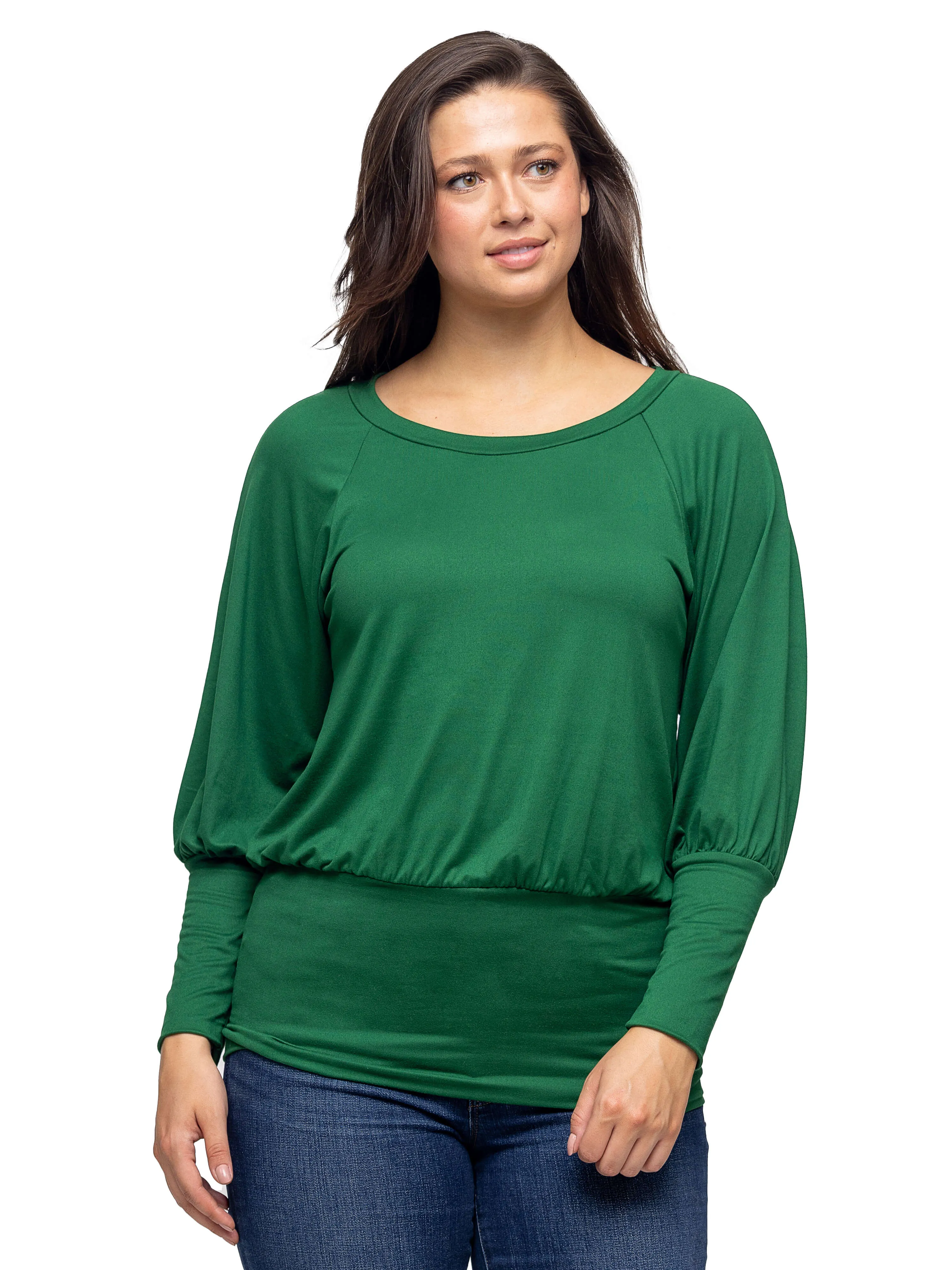 Round Neck Long Blouson Sleeve Banded Bottom Top