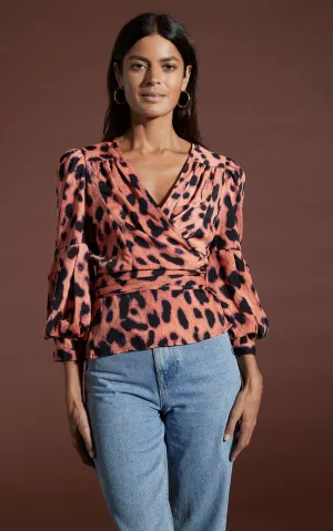 Valentina Wrap Blouse In Plorange Leopard