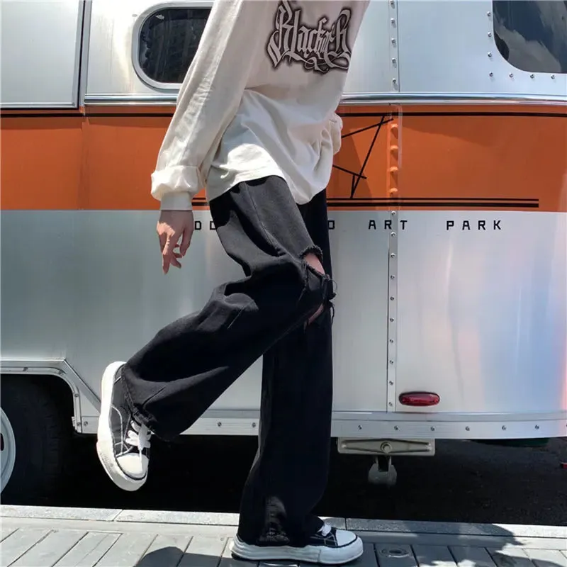 Wiaofellas - Harajuku Fashion Men’s Wide Leg Pants Hollow Out Patchwork Loose Fit Full Length Cotton Denim Jeans Hip Hop Straight Streetwear