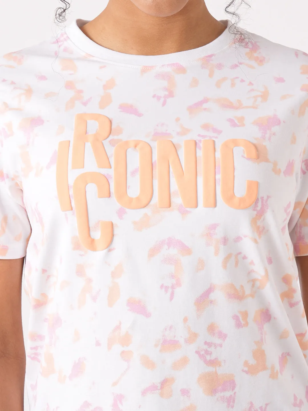 Women Slim Fit Orange/Peach Tie & Dyed Boxy T-Shirt Chest Print