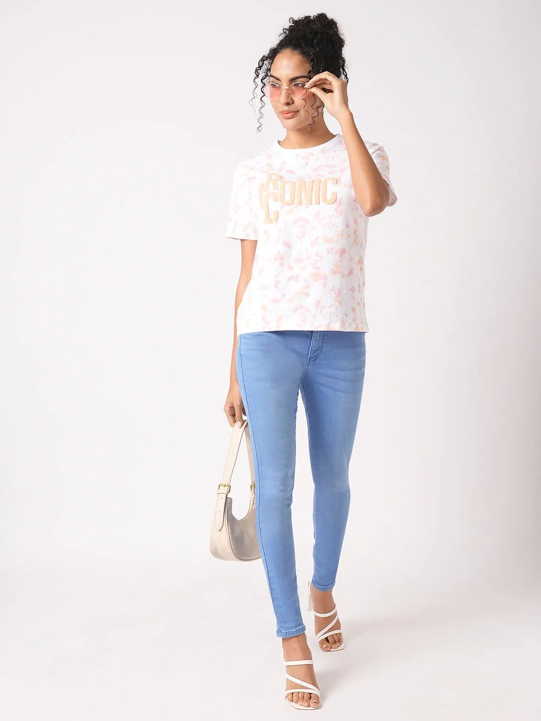 Women Slim Fit Orange/Peach Tie & Dyed Boxy T-Shirt Chest Print