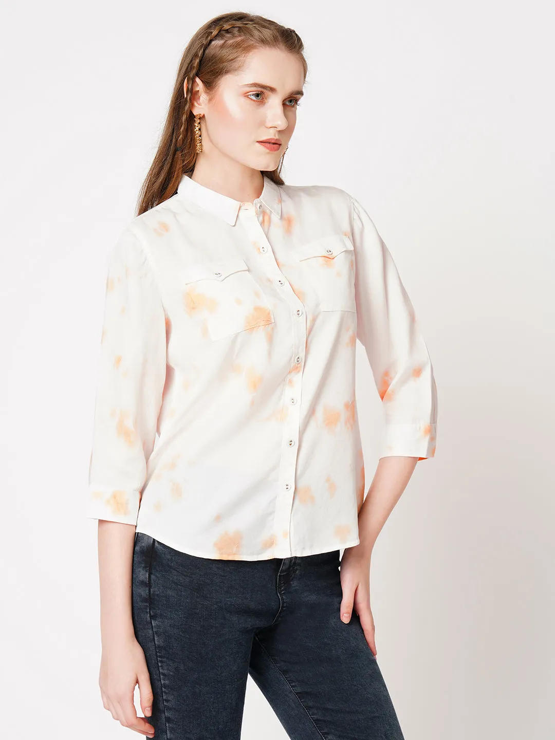 Women Solid Spread Collar Casual Tie-Dye Shirt