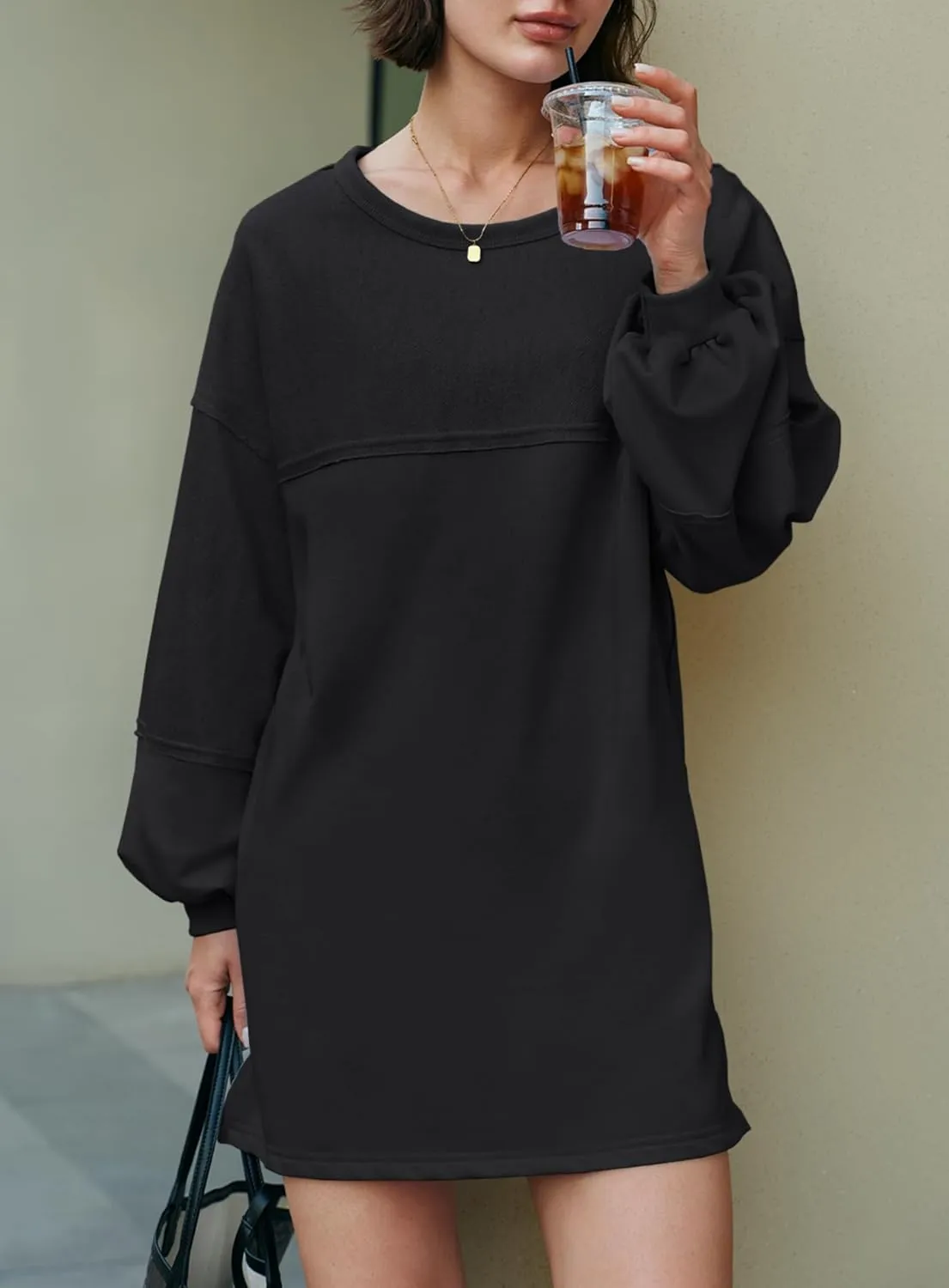 Yanekop Womens Oversized Sweatshirt Dress Patchwork Tunic Sweatshirts Crewneck Long Sleeve Spring Pullover Tops Side Slit