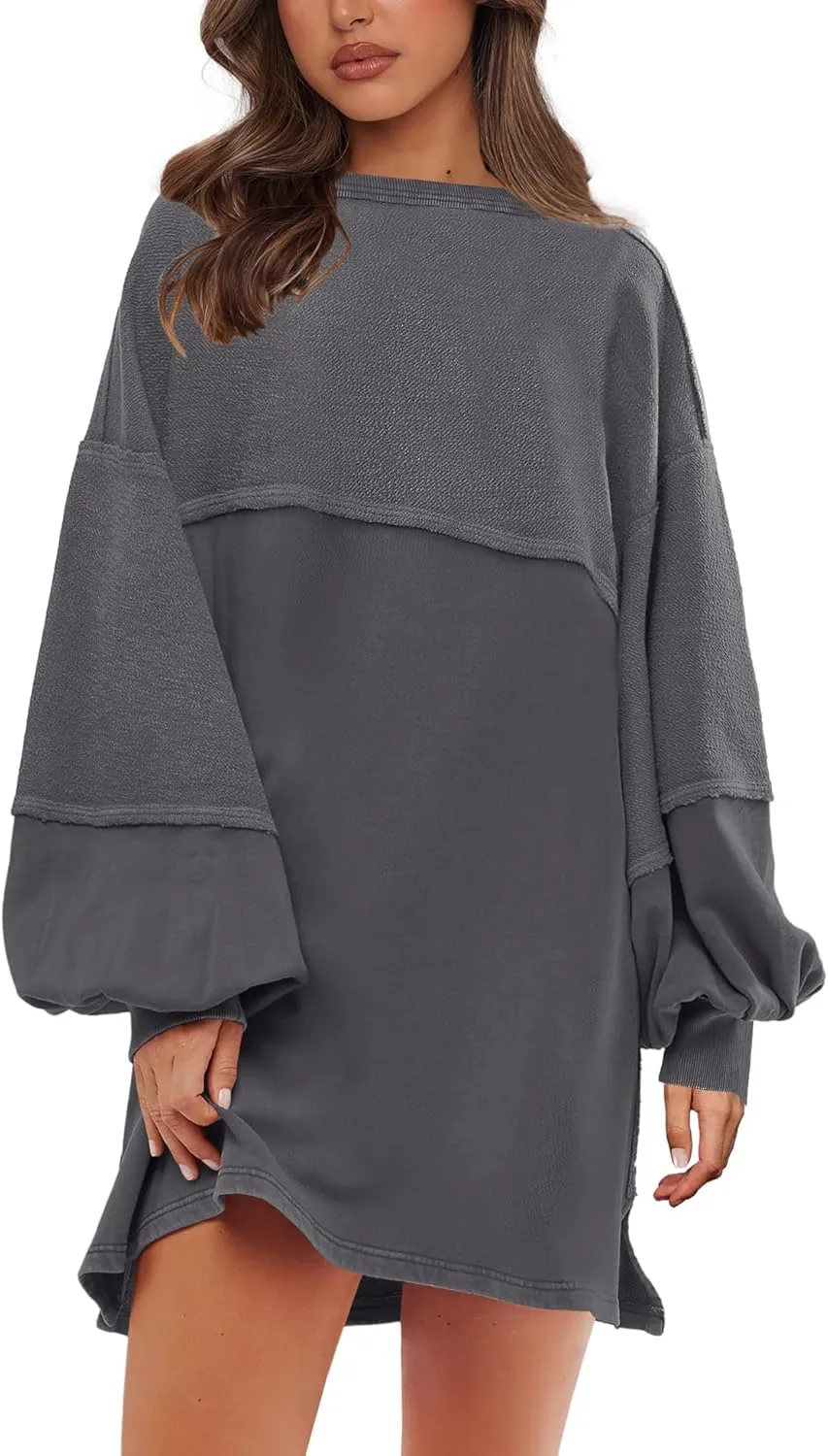 Yanekop Womens Oversized Sweatshirt Dress Patchwork Tunic Sweatshirts Crewneck Long Sleeve Spring Pullover Tops Side Slit