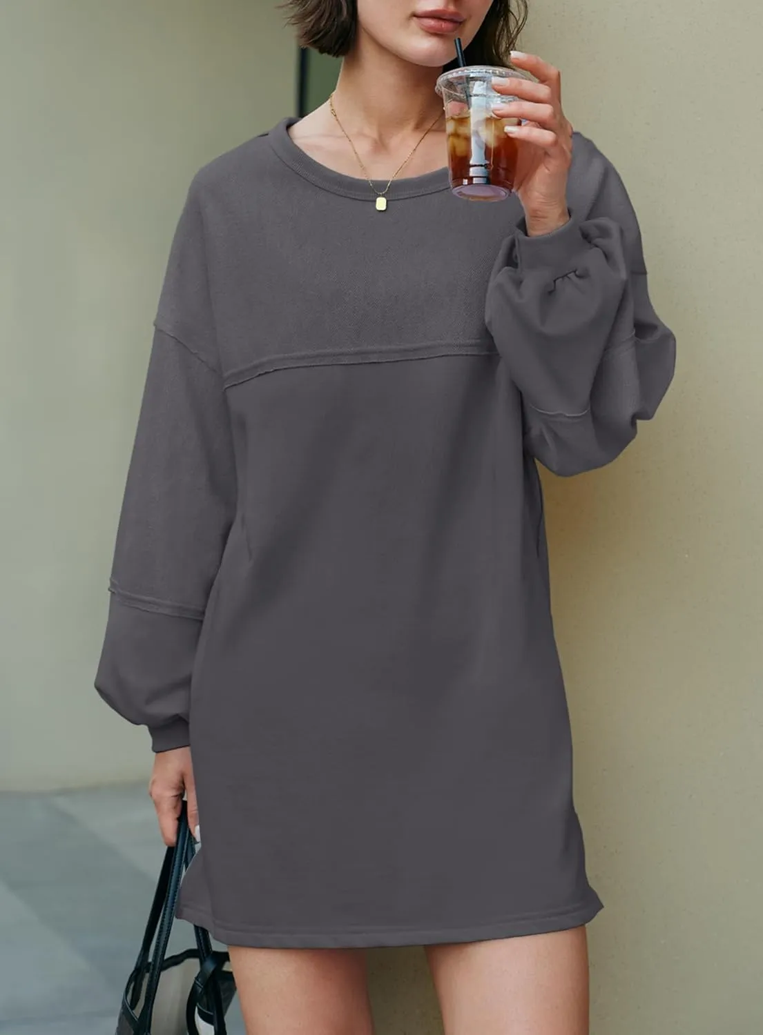 Yanekop Womens Oversized Sweatshirt Dress Patchwork Tunic Sweatshirts Crewneck Long Sleeve Spring Pullover Tops Side Slit