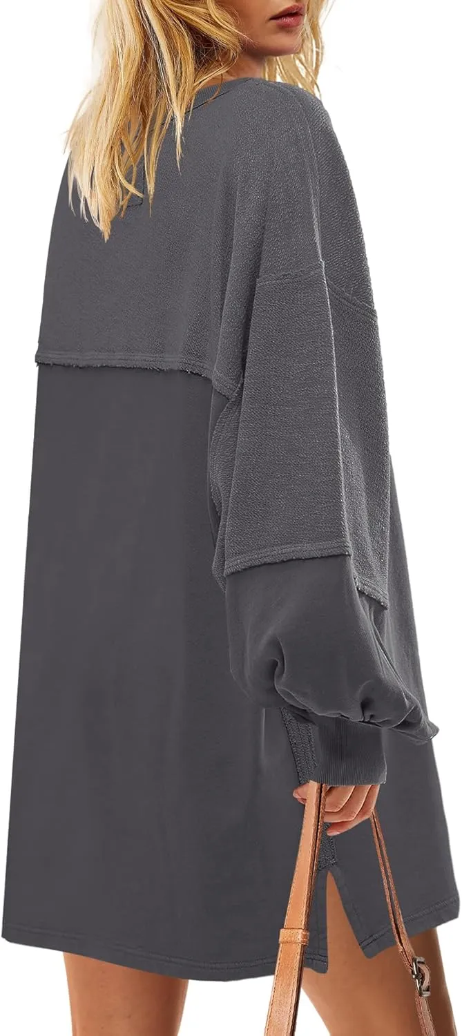 Yanekop Womens Oversized Sweatshirt Dress Patchwork Tunic Sweatshirts Crewneck Long Sleeve Spring Pullover Tops Side Slit