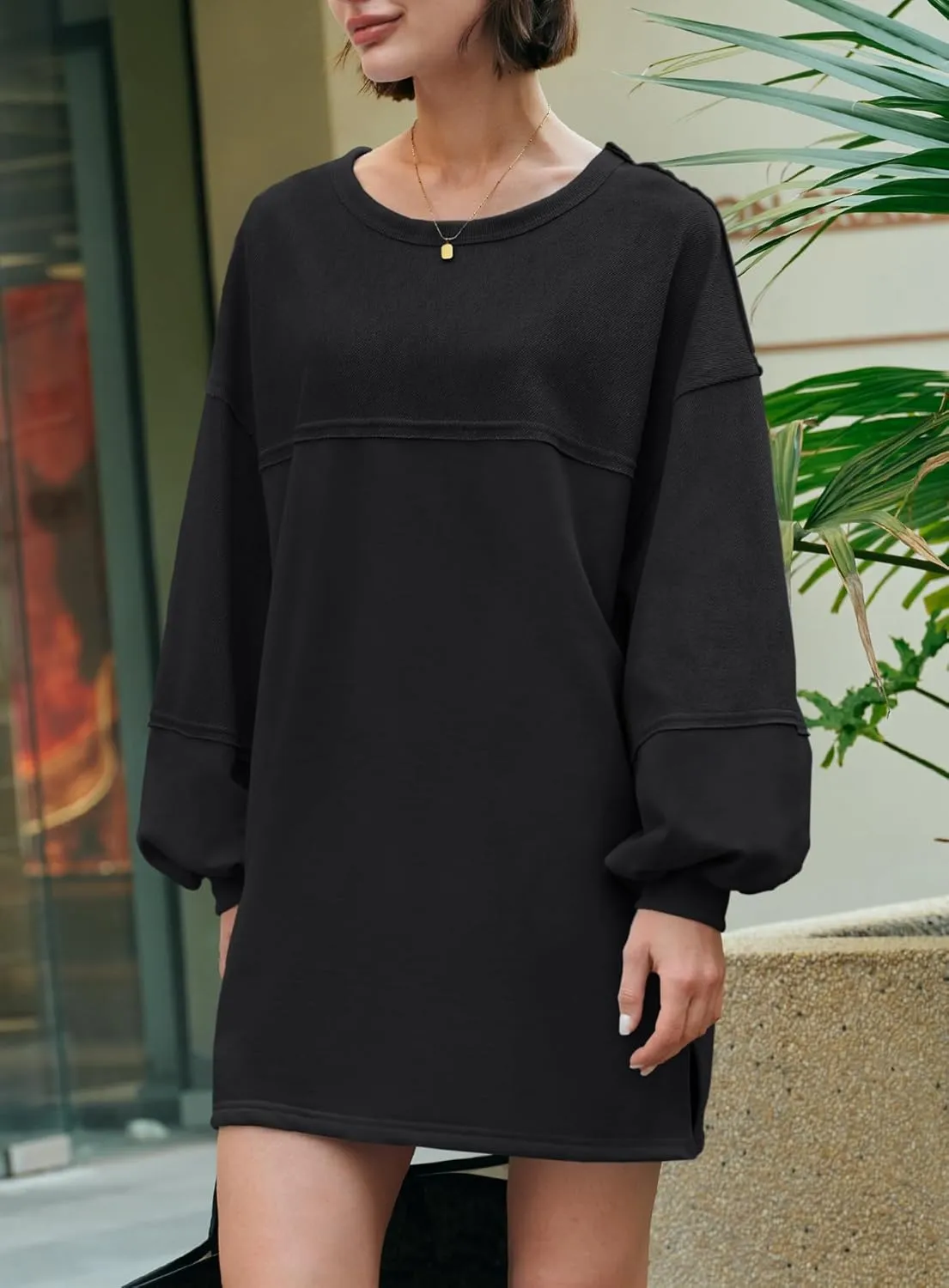 Yanekop Womens Oversized Sweatshirt Dress Patchwork Tunic Sweatshirts Crewneck Long Sleeve Spring Pullover Tops Side Slit