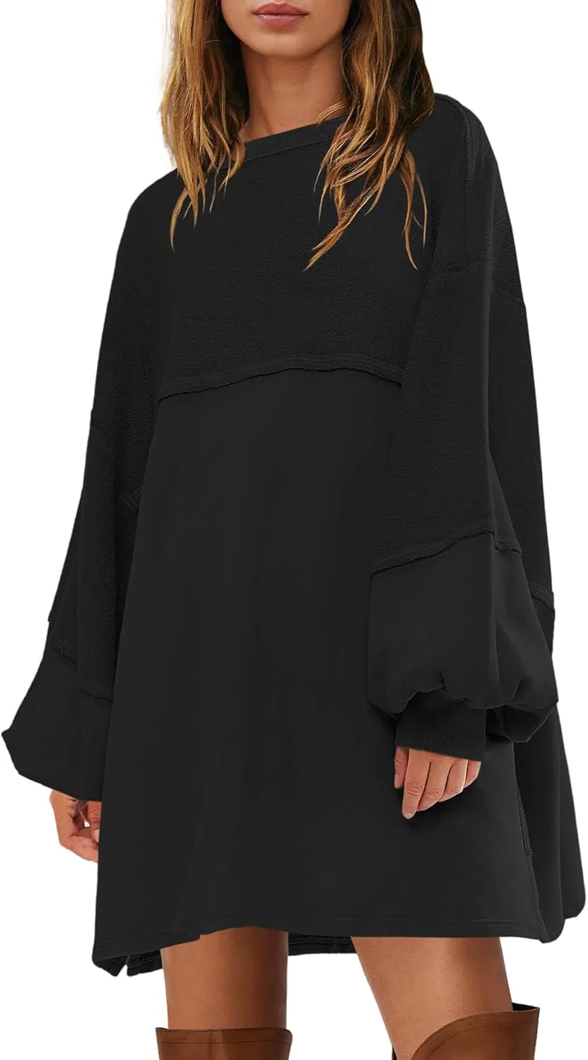 Yanekop Womens Oversized Sweatshirt Dress Patchwork Tunic Sweatshirts Crewneck Long Sleeve Spring Pullover Tops Side Slit