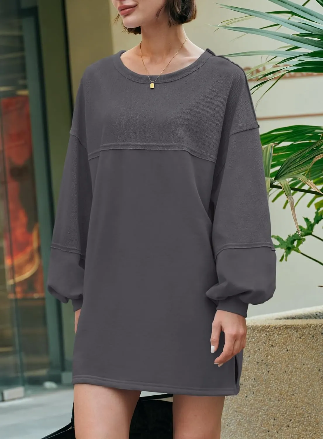 Yanekop Womens Oversized Sweatshirt Dress Patchwork Tunic Sweatshirts Crewneck Long Sleeve Spring Pullover Tops Side Slit