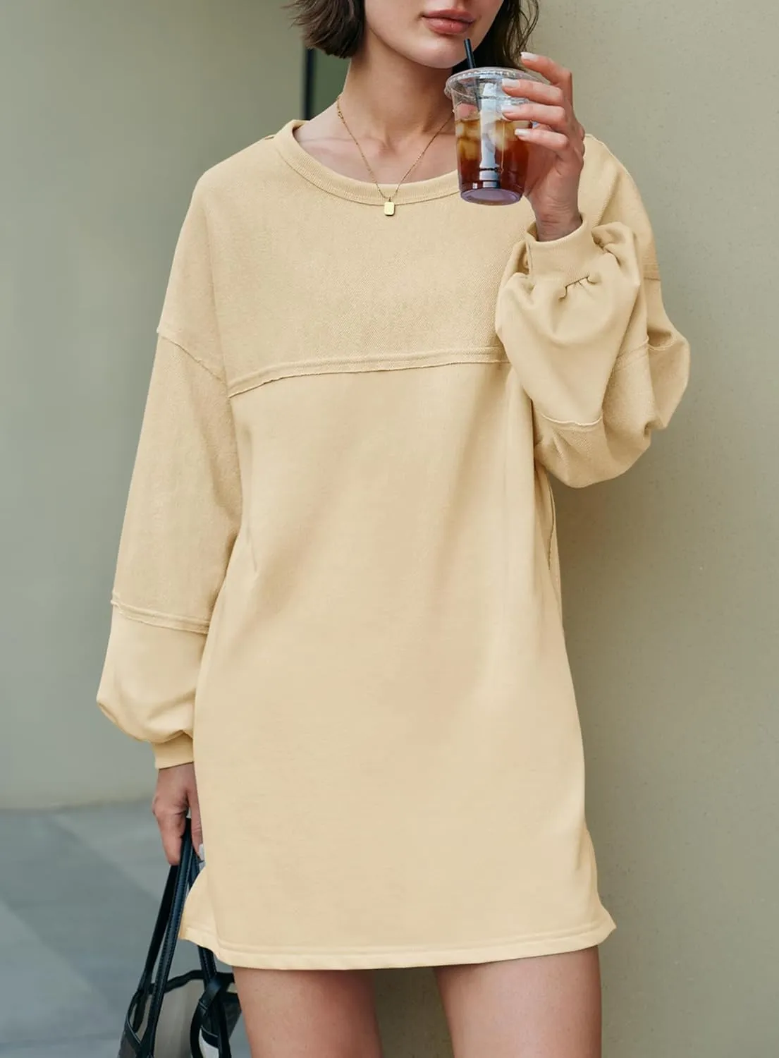 Yanekop Womens Oversized Sweatshirt Dress Patchwork Tunic Sweatshirts Crewneck Long Sleeve Spring Pullover Tops Side Slit