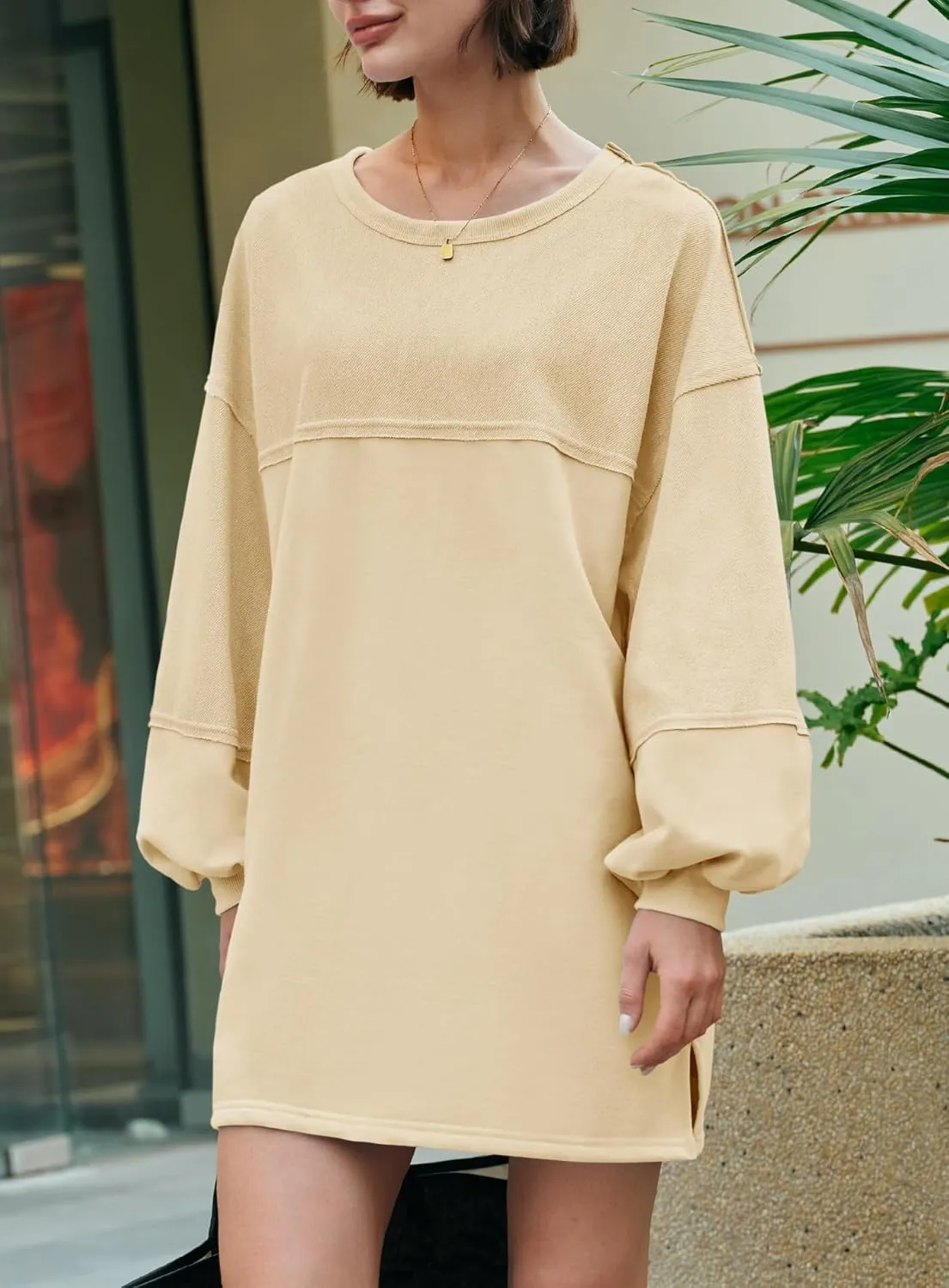 Yanekop Womens Oversized Sweatshirt Dress Patchwork Tunic Sweatshirts Crewneck Long Sleeve Spring Pullover Tops Side Slit