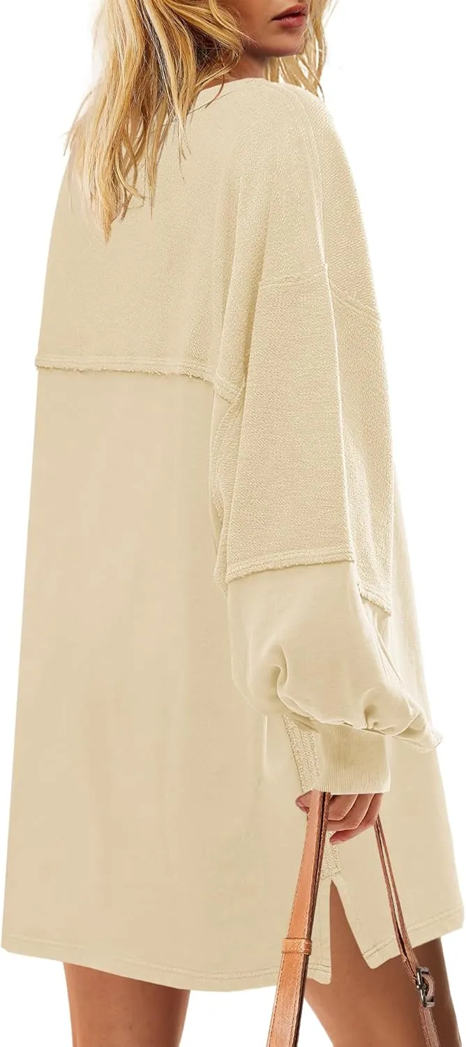 Yanekop Womens Oversized Sweatshirt Dress Patchwork Tunic Sweatshirts Crewneck Long Sleeve Spring Pullover Tops Side Slit