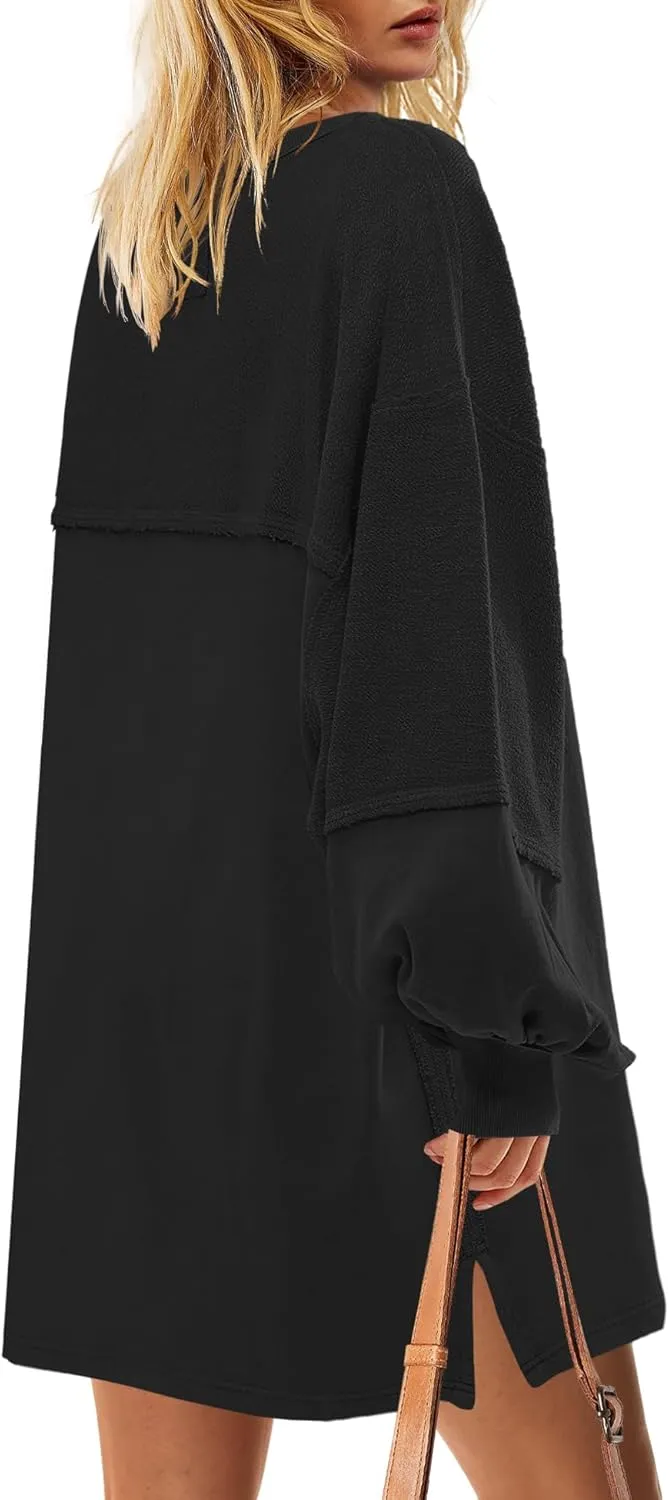 Yanekop Womens Oversized Sweatshirt Dress Patchwork Tunic Sweatshirts Crewneck Long Sleeve Spring Pullover Tops Side Slit