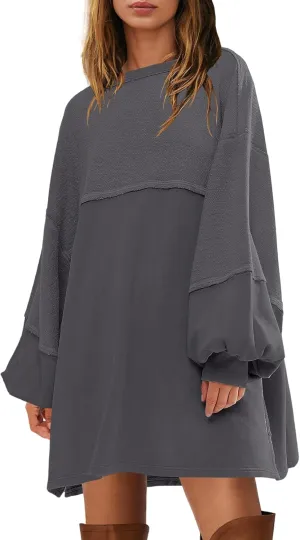 Yanekop Womens Oversized Sweatshirt Dress Patchwork Tunic Sweatshirts Crewneck Long Sleeve Spring Pullover Tops Side Slit