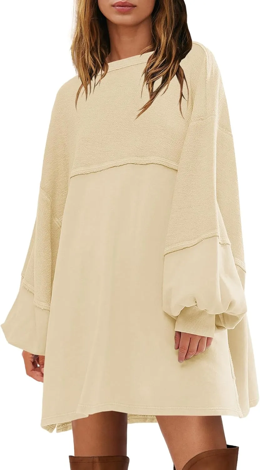 Yanekop Womens Oversized Sweatshirt Dress Patchwork Tunic Sweatshirts Crewneck Long Sleeve Spring Pullover Tops Side Slit