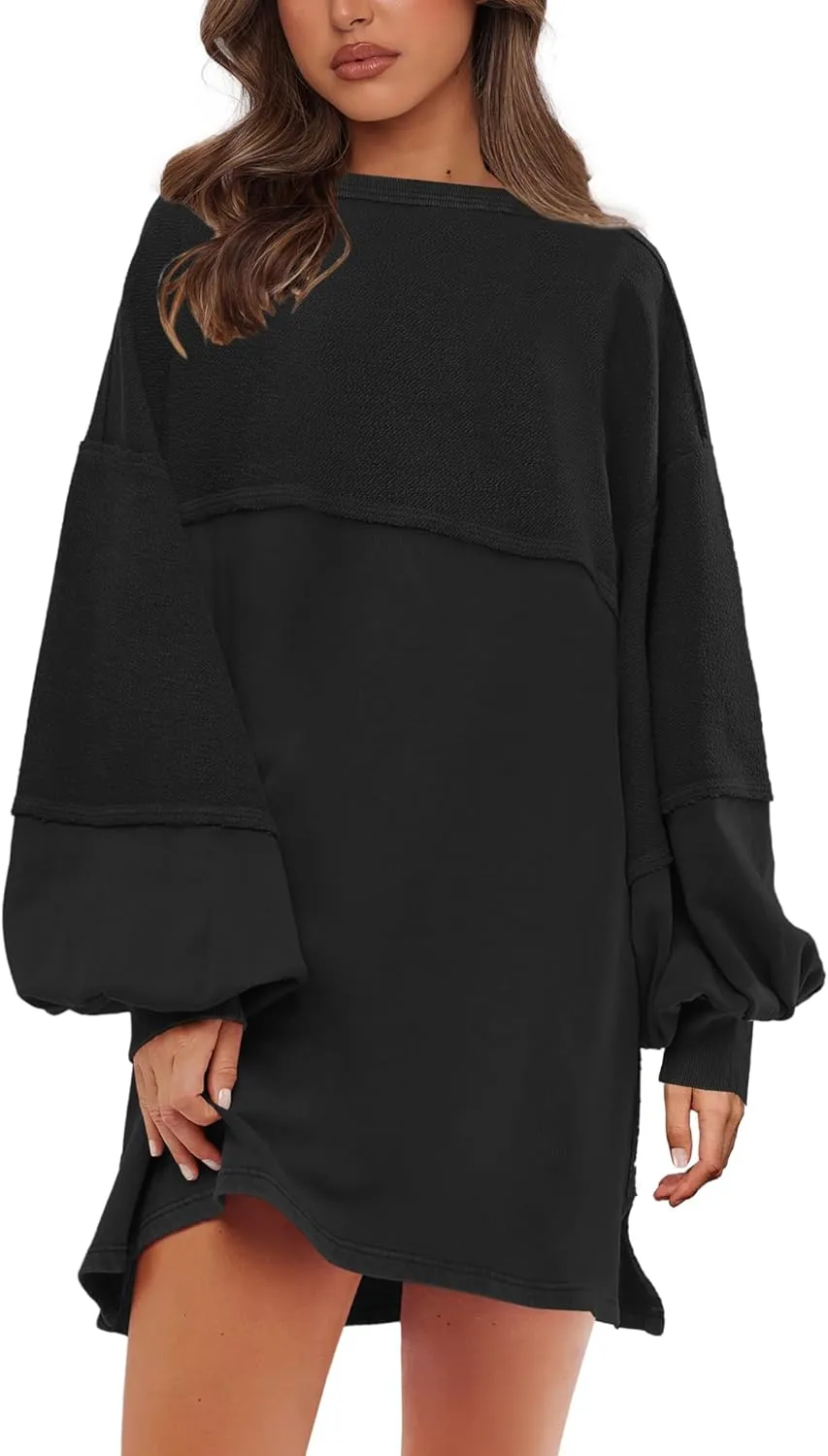 Yanekop Womens Oversized Sweatshirt Dress Patchwork Tunic Sweatshirts Crewneck Long Sleeve Spring Pullover Tops Side Slit
